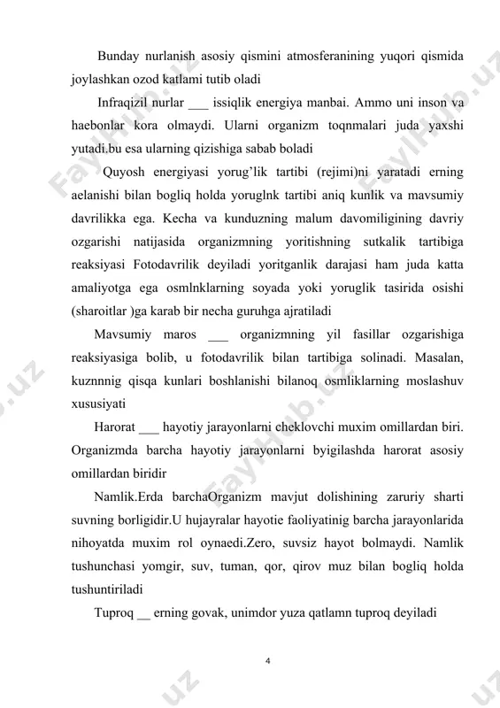 unda bir tur vakillari nkkinchi tur vakillarini yoq qiladi, yana eb qoyadi parazitizm (+-) - shunday biotic munosabatki, bunda bir turdagi organism (parazit)lar boshqa turdagi organism ( xojayini )ning toqimalari yoki oziq moddalari xisobiga yashaydi. p arazitim yirtqichdan farqli olaroq papazit organism - xojaenini darxol oldirmaydi antropogen omillar hozirgi vaqtda antropogen (yunoncha “antropos- insul”) tirik organism bevosita va bilvosita tasir etib ularni yashash sharoitini ozgartirib, qurilib ketishiga sabab bolmoqda. insonning faoliyati tufaeli er yuzada koplab osnmlik va hayvon turlari yoqolib ketdi million – million yillar davomida shakillanib, tarkib topgan dunyo manzarasini inson bir necha on yilliklar davomnda beqiyos darajada ozgartirib yuboradi. abiotik omillar quyidagi omillarga bo’linadi. 1.iqlim omillari. 2.tuproq omillari. 3.topografik omillar. iqlim omillari quyidagilarga bo’linadi. . a.harorat. b.yoruqlik. c. issiqlik tabiatning organizmni o’rab turgan va u bilan bevosita aloqada bo’ladigan qismi yashash muhiti deb ataladi. har qanday organizm murakkab va o’zgaruvchan muhitda yashaydi va bu muhitning o’zgarishlariga o’z hayot …