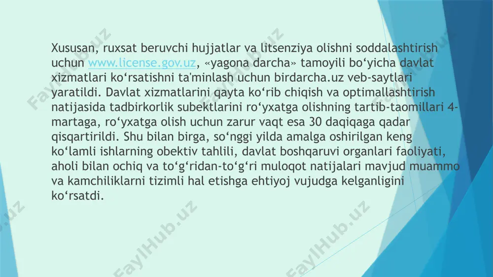 susiy sektorga o‘tkazish. to‘rtinchi yo‘nalishda, jumladan, quyidagilar orqali vertikal boshqaruv tizimi va ijro etuvchi hokimiyat organlari hamkorligining mexanizmlarini takomillashtirish nazarda tutilgan: davlat boshqaruvini bosqichma-bosqich nomarkazlashtirish; mahalliy davlat hokimiyati organlarining moliyaviy imkoniyatlarini kengaytirish, ularning roli va javobgarligini oshirish; hududiy organlarning rahbar kadrlarini tanlash va joy-joyiga qo‘yish masalalarida mahalliy davlat hokimiyati organlarining vakolatlarini kuchaytirish. beshinchi yo‘nalish davlat boshqaruvi tizimiga strategik rejalashtirishning zamonaviy shakllari, innovatsion g‘oyalar, ishlanma va texnologiyalarni joriy etish bo‘yicha chora-tadbirlarni o‘z ichiga olgan. mazkur chora-tadbirlar qatorida quyidagilarni ta’kidlash lozim: davlat xizmatlari ko‘rsatish tartib-taomillarini optimallashtirish va soddalashtirishni ta’minlaydigan davlat boshqaruvining innovatsion shakllarini joriy etish; innovatsion g‘oyalar va texnologiyalarni ishlab chiqishga investitsiyalarni faol jalb etish; zamonaviy ilmiy-tadqiqot va innovatsion yutuqlarni muvaffaqiyatli joriy qilish uchun zarur bo‘lgan rivojlangan infratuzilmani yaratish; va nihoyat, so‘nggi oltinchi yo‘nalishda professional davlat xizmatining samarali tizimini shakllantirish, shuningdek, korrupsiyaga qarshi kurashishning ta’sirchan mexanizmlarini o‘rnatish belgilangan. ularga erishish uchun quyidagilar rejalashtirilgan: davlat xizmatining shaffofligi va ochiqligini ta’minlash, aholi bilan ochiq …