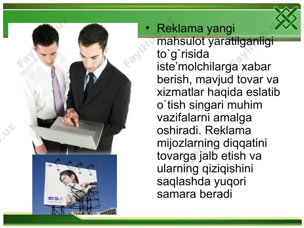ma. reklama faoliyati qamrab oladigan hudud hajmlariga qarab quyidagilar ajratiladi: mahalliy reklama (ko’lami – muayyan sotish joyidan to alohida punkt hududigacha); mintaqaviy reklama (mamlakatning ma’lum bir qismini qamrab oladi); umummilliy reklama (butun davlat miqyosida); xalqaro reklama (bir nechta davlat hududida olib boriladi); * global reklama (ba’zan butun dunyoni qamrab oladi). reklama kommunikatsiyasi predmeti (reklama qilinayotgan narsa), uning o’ziga xos xususiyatlari quyidagi tasnifni belgilab beradi: – tovar reklamasi (muayyan tovar yoki tovar guruhiga talabni shakllantirish va rag’batlantirish); – obro’ reklamasi (muayyan firma yoki tashkilot nufuzini shakllantirishga xizmat qiluvchi reklama); – g’oya reklamasi; – shaxs reklamasi; – hudud (shahar, mintaqa yoki umuman mamlakat) reklamasi va h.k. ushbu tasnif ancha shartli ekanligini aytib o’tish lozim. reklamaning alohida turlari o’rtasida aniq ifodalangan chegara yo’q. masalan, tovar reklamasi tovar ishlab chiqaruvchining nufuziga xizmat qilishi, obro’ reklamasi esa ishlab chiqarilgan tovarning yaxshiroq sotilishiga ko’maklashishi kerak. reklama turlari va darajalari ko’zlangan maqsadlariga ko’ra (muayyan tovarni quvvatlash, reklama …