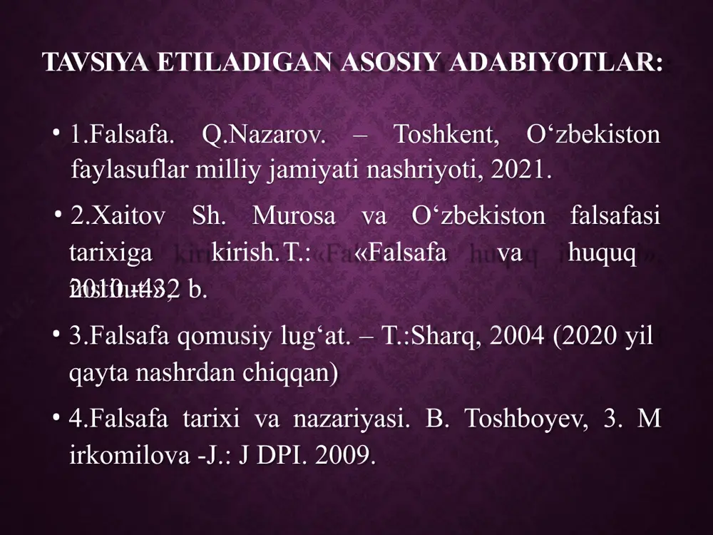 en fikr qilayapman, demak men mavjudman» degan fikri faylasuflar orasida mashhurdir. “falsafa” predmeti va atamasining taʼrifi frensis bekon fanning yangi binosini ko‘ra olish uchun, to‘g‘ri fikrlashga o‘rganish kerak. uning taʼlimoticha, olim chumoliga o‘xshab faqat yig‘ish va yig‘ilganlar bilan kifoyalanmasligi kerak, o‘rgimchakka o‘xshab hayotdan ajrab, faqat o‘zining shaxsiy aqli bilan o‘zining makrli falsafasini to‘qimasligi kerak. bekon taʼlimoticha, olim asalariga o‘xshab gullardan olib keyin ularni asalga aylantirishi lozim. фалсафий ғоялар, назарияларнинг асосий йўналишлари ва вазифалари. 1. европа марифатпарварлик фалсафаси. фалсафани ривожланишига ҳисса қўшган мактаблар. билимлар фалсафаси ва омма назарияси. eʼtiboringiz uchun rahmat! image1.jpeg image2.png image3.jpeg image4.jpeg image13.png image14.png image15.png image16.png image17.png image18.png image19.png image20.png image21.png image22.png image5.png image23.png image24.png image25.png image26.png image27.png image28.png image29.png image30.png image31.png image32.png image6.png image33.png image34.png image35.png image36.png image37.png image38.png image39.png image40.png image41.png image42.png image7.png image43.png image44.png image45.png image46.png image47.png image48.png image49.png image50.png image51.png image52.png image8.png image53.png image54.png image55.png image56.png image57.png image58.png image59.png image60.png image61.png image62.png image9.png image63.png …