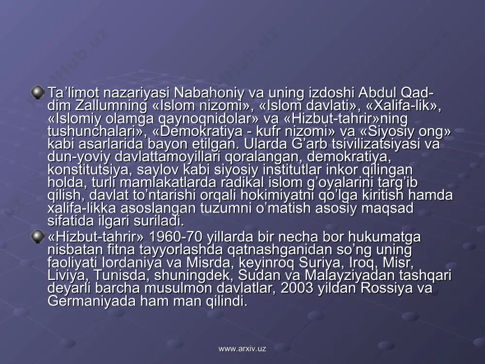 yollash va ulami qurol-as-laha bilan ta’minlash maqsadida pokiston hududida tuzilgan «maktab al-xidmat» byurosi asos bo’lib xizmat qilgan. www.arxiv.uz www.arxiv.uz www.arxiv.uz www.arxiv.uz tashkilotning dasdabki tuzilmalari g’arb va aqshning global etakchiligiga qarshi kurash, islomningfimdamental asoslariga qaytish va yagona islomiy xalifat qurishdek maqsadlar dasturi-ga monandravishda 1992 yilda xartum (sudan)da qayta shakuan-tirilgan. «al-qoida» rahbariyati g’oyaviy jihatdan muhammad ibn ab-dul-vahhob va sayid qutblaming asarlarida bayon qilingan ta-moyillarga asoslanishini e’tirof qilgan holda, amalda musul-mon davlatlaridagi dunyoviy hukumatlami ag’darib tashlash va shariatga asoslangan islomiy davlat qurishdek asosiy maqsadni ko’zlaydi. «al-qoida» rahbariyatining yaqin sharqdagi arab - isroil muammosini musulmon va ko&lar orasidagi dinlararo kurash sifitidata’riflashi, 1991 yildaamerika qo’shinlarining iroqda xarbiy harakat olib borish uchun saudiya arabistoni hududiga joylashuvini musulmon dunyosiga nisbatan salb yurishi deb baho-lashi ham, aqshni musulmonlaming asosiy dushmani, isroilni esa uning yaqin yordamchisi, deb hisoblashiham tashkilotning g’oyaviy qarashlarini aniq ifodalaydi deyish mumkin. www.arxiv.uz www.arxiv.uz «al-qoida» boshqa diniy ekstremistik tashkilotlar kabi qat’iy ierarxiya asosida tuzilgan bo’lib, unga …