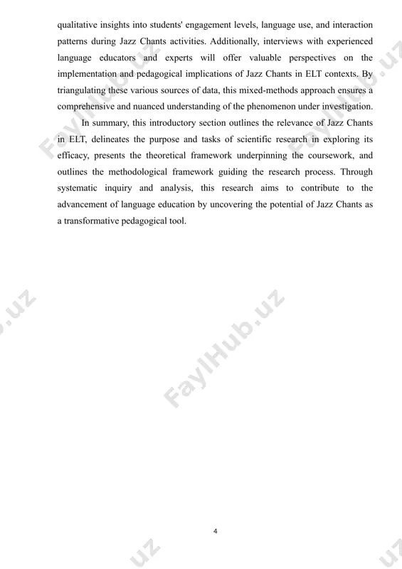 rch process. through systematic inquiry and analysis, this research aims to contribute to the advancement of language education by uncovering the potential of jazz chants as a transformative pedagogical tool. chapter i. introduction to jazz chants in english language teaching 1.1 overview of jazz chants jazz chants, a unique pedagogical approach in language learning, combines the rhythm and intonation of jazz music with spoken language. this method, developed by carolyn graham in the 1960s, has gained widespread recognition and implementation in english language teaching (elt) contexts globally. the essence of jazz chants lies in its fusion of language learning with musicality, offering a dynamic and engaging platform for learners to enhance their speaking and listening skills. the relevance of jazz chants in language education stems from its effectiveness in addressing various linguistic components such as pronunciation, rhythm, stress, and intonation. in the context of second language acquisition, mastering these elements …