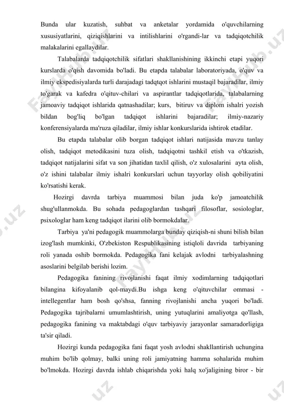 ing roli yanada oshib bormokda. pedagogika fani kelajak avlodni tarbiyalashning asoslarini belgilab berishi lozim. pedagogika fanining rivojlanishi faqat ilmiy xodimlarning tadqiqotlari bilangina kifoyalanib qol-maydi.bu ishga keng o'qituvchilar ommasi - intellegentlar ham bosh qo'shsa, fanning rivojlanishi ancha yuqori bo'ladi. pedagogika tajribalarni umumlashtirish, uning yutuqlarini amaliyotga qo'llash, pedagogika fanining va maktabdagi o'quv tarbiyaviy jarayonlar samaradorligiga ta'sir qiladi. hozirgi kunda pedagogika fani faqat yosh avlodni shakllantirish uchungina muhim bo'lib qolmay, balki uning roli jamiyatning hamma sohalarida muhim bo'lmokda. hozirgi davrda ishlab chiqarishda yoki halq xo'jaligining biror - bir sohasida kompleks tarbiyaviy tadbirlarni qo'llamasdan turib biror bir natijaga erishish mumkin emas. jamiyatda juda ko'p umumiy, iqtisodiy va tashkiliy muammolar bir vaqtda u yoki bu jihatdan tarbiyaviy muammolar ham bo'lib kolmokda. insoniyat faoliyati orkali bo'ladigan munosabatni 2 ga bo'lish mumkin. s-s, s-0 hozirgi davrda pedagogikaning metodologik muammolari ayniksa o'tkir tus oladi. o'zbekiston respublikasining istiqloli munosabati bilan istiqlol mafkurasi shakllandi. halk ta'limi tizimi yaslidan boshlab, oliy …