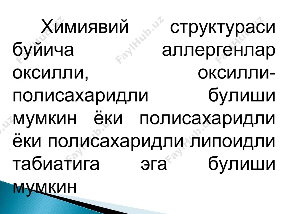 zatsiyalovchi doza deb organizmga kiritilgan sensibilizatsiya xolatini keltirib chikaruvchi allergenni eng oz mikdoriga aytiladi. immunitet analogiyasiga karab sensibilizatsiya 2 ga bulinib urganiladi: aktiv passiv aktiv sensibilizatsiyada organizm antigen bilan immunizatsiya kilingan paytda xususiy immunokomplementlar tomonidan antitelo ishlab chikariladi. passiv sensibilizatsiyada retsipient organizmga, sensibilizatsiyalangan organizmdan zardob olib, tayyor antitelo yuborib sezuvchanlik orttiriladi. desensibilizatsiya anafilaktik shokdan sung dengiz chuchkasi ulmasdan kolsa ancha vaktgacha antigenga nisbatan refraktor bulib koladi. sensibilizatsiya xolatidan chikishga desensibilizatsiya xodisasi deyiladi. anafilaksik patogenezi: gumoral tsellyuler nerv-reflektor patergik adoning piliergik nazariyasi: immunobiologik faza yuborilgan antigenga nisbatan antitelo; patoximicheskaya faza antigen antitelo kompleksi xosil bulishi natijasida biologik aktiv moddalr xosil bulishi; patofiziologik faza mediatorlar ta'sirida turli strukturalarni uzgarishi; anafilaktik reaktsiyalar paytida ajraladigan mediatorlar mediatorlarni nomi asosiy manbasi ta'sir mexanizmi gistamin bazofillar, mastotsitlar kontomirlarini kengaytiradi kapillyarlarni utkazuvchanligini oshiradi, bronxlarni toraytiradi serotonin ichki organ xujayralarida sintezlanib trombotsitlarda saklanad yurak-kon tomirlar faoliyatini trombotsitar reaktsiyalarni reagulyatsiyasidagi ishtiroki buladi eozinofillarni xemotoksik omili mostotsitlarda eozinofillardan vazoaktiv ferment- …