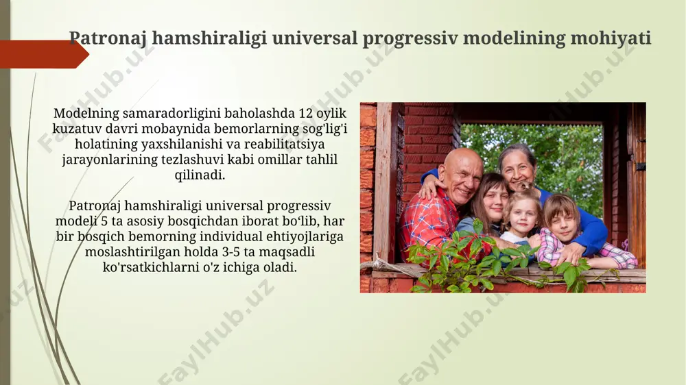 imiy ravishda kuzatilib boriladi. baholash va monitoring natijalariga asoslanib, patronaj hamshirasi 7 kunlik davomiylikka ega bo'lgan 3 ta bosqichli davolash rejasini tuzadi va uni bemor bilan muhokama qiladi. sog'lom turmush tarzini targ'ib qilish sog'lom turmush tarzini targ'ib qilishda 30 yoshdan oshgan aholi orasida jismoniy faollik darajasini 20% ga oshirishga qaratilgan dasturlar samaradorligi yuqori. sog'lom ovqatlanish bo'yicha 5 ta asosiy prinsipni o'z ichiga olgan ta'lim materiallari aholi ongida salomatlikka nisbatan ijobiy munosabatni shakllantirishga yordam beradi. axborot texnologiyalaridan foydalanish mobil ilovalar orqali bemorlarga 24/7 onlayn qo'llab-quvvatlash va sog'liqni saqlash bo'yicha ta'lim materiallari taqdim etib, bemorlarning malumotlarga kirish darajasini 80% ga oshirish mumkin. teletibbiyot platformalaridan foydalanish orqali 50% ga yaqin bemorlarga masofadan turib maslahat berish va monitoring o'tkazish, shuningdek, sog'liqni saqlash xodimlarining yukini kamaytirish mumkin. e'tiboringiz uchun rahmat @taqdimot_robot image1.jpg image2.jpg image3.jpg image4.jpg image5.jpg image6.jpg image7.jpg image8.jpg image9.jpg image10.jpg image11.jpg image12.jpg image13.jpg image14.jpg image15.jpg image16.jpg image17.jpg