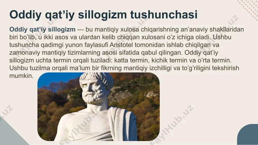 adi. misollar ilmiy va falsafiy xulosa chiqarish katta asos: barcha molekulalar atomlardan tashkil topgan. kichik asos: h2o molekula hisoblanadi. xulosa: h2o atomlardan tashkil topgan. tahlil: bu sillogizm ilmiy kategoriyaga kiradi, chunki u tabiiy fanlardan olingan maʼlumotlarga asoslangan. xulosaning ishonchliligi katta va kichik asoslarning to‘g‘riligiga bog‘liq. ijtimoiy masalalarni tahlil qilish katta asos: har bir qonun jamiyatdagi tartibni taʼminlash uchun yaratiladi. kichik asos: mehnat kodeksi qonun hisoblanadi. xulosa: mehnat kodeksi jamiyatdagi tartibni taʼminlash uchun yaratilgan. tahlil: bu sillogizm ijtimoiy fanlarga tegishli bo‘lib, jamiyatdagi qonunlarning maqsadi va ahamiyatini yoritadi. ekologik masalalarni tushuntirish katta asos: barcha tirik organizmlar hayot uchun kislorodga muhtoj. kichik asos: baliqlar tirik organizmlar hisoblanadi. xulosa: baliqlar hayot uchun kislorodga muhtoj. tahlil: bu sillogizm ekologiya va biologiya fanlarida keng qo‘llaniladi va tirik organizmlarning hayot faoliyati uchun zarur sharoitlarni tushuntiradi. huquqiy tahlil katta asos: hech bir noqonuniy faoliyat jazo chorasiz qolmaydi. kichik asos: soliqdan bo‘yin tovlash noqonuniy faoliyatdir. xulosa: soliqdan bo‘yin tovlash …