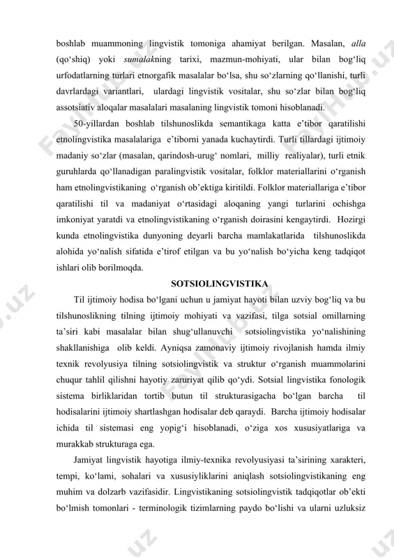 a ilmiy texnik revolyusiya tilning sotsiolingvistik va struktur o‘rganish muammolarini chuqur tahlil qilishni hayotiy zaruriyat qilib qo‘ydi. sotsial lingvistika fonologik sistema birliklaridan tortib butun til strukturasigacha bo‘lgan barcha til hodisalarini ijtimoiy shartlashgan hodisalar deb qaraydi. barcha ijtimoiy hodisalar ichida til sistemasi eng yopig‘i hisoblanadi, o‘ziga xos xususiyatlariga va murakkab strukturaga ega. jamiyat lingvistik hayotiga ilmiy-texnika revolyusiyasi ta’sirining xarakteri, tempi, ko‘lami, sohalari va xususiyliklarini aniqlash sotsiolingvistikaning eng muhim va dolzarb vazifasidir. lingvistikaning sotsiolingvistik tadqiqotlar ob’ekti bo‘lmish tomonlari - terminologik tizimlarning paydo bo‘lishi va ularni uzluksiz differensiatsiyalanishi, dunyo tillari ijtimoiy funksiyalarining notekis rivojlanish jarayonlari, hududiy dialektlarning maydalashuvi, rivojlangan tillarning ijtimoiykasbiy differensiatsiyasining tezlashuvi, leksik-semantik va stilistik sistemalarga jamiyatdagi mafkuralar ta’sirining kuchayishi kabi masalalariga ilmiy texnikaning rivojlanishi eng kuchli ta’sir ko‘rsatadi. ma’lumki, til va madaniyat, milliy til va milliy madaniyat o‘zaro chambarchas bog‘liq. til madaniyat yaratishning eng asosiy vositalaridan biri bo‘lib, u madaniyatga erishish, uni tushunish, uning turli sohalarida muloqot yuritish vositasidir. ko‘rinadiki, madaniyat …