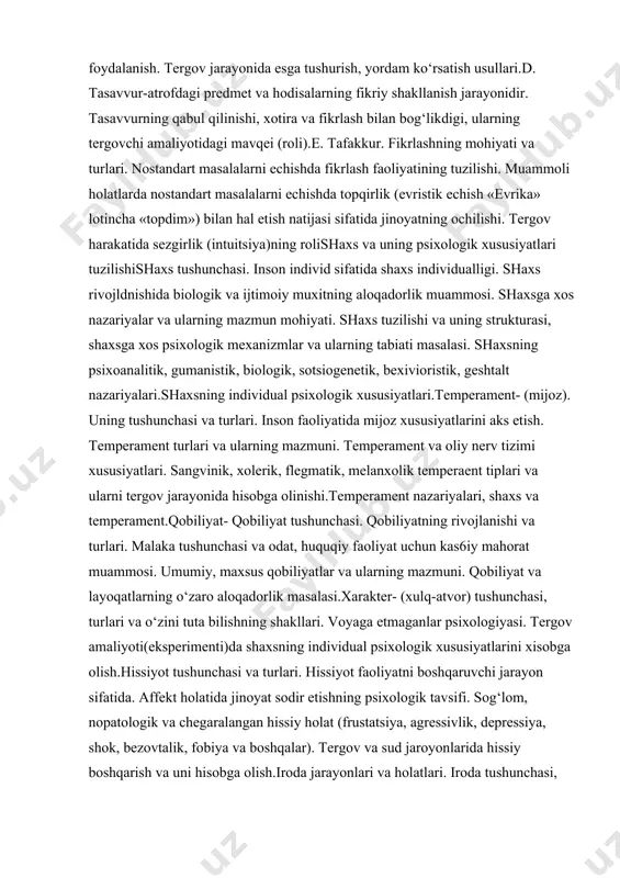 masalasi. shaxsning psixoanalitik, gumanistik, biologik, sotsiogenetik, bexivioristik, geshtalt nazariyalari.shaxsning individual psixologik xususiyatlari.temperament- (mijoz). uning tushunchasi va turlari. inson faoliyatida mijoz xususiyatlarini aks etish. temperament turlari va ularning mazmuni. temperament va oliy nerv tizimi xususiyatlari. sangvinik, xolerik, flegmatik, melanxolik temperaent tiplari va ularni tergov jarayonida hisobga olinishi.temperament nazariyalari, shaxs va temperament.qobiliyat- qobiliyat tushunchasi. qobiliyatning rivojlanishi va turlari. malaka tushunchasi va odat, huquqiy faoliyat uchun kas6iy mahorat muammosi. umumiy, maxsus qobiliyatlar va ularning mazmuni. qobiliyat va layoqatlarning o‘zaro aloqadorlik masalasi.xarakter- (xulq-atvor) tushunchasi, turlari va o‘zini tuta bilishning shakllari. voyaga etmaganlar psixologiyasi. tergov amaliyoti(eksperimenti)da shaxsning individual psixologik xususiyatlarini xisobga olish.hissiyot tushunchasi va turlari. hissiyot faoliyatni boshqaruvchi jarayon sifatida. affekt holatida jinoyat sodir etishning psixologik tavsifi. sog‘lom, nopatologik va chegaralangan hissiy holat (frustatsiya, agressivlik, depressiya, shok, bezovtalik, fobiya va boshqalar). tergov va sud jaroyonlarida hissiy boshqarish va uni hisobga olish.iroda jarayonlari va holatlari. iroda tushunchasi, iroda harakati ularning tuzilishi. munozarali (nizoli) holatlarda foliyatni irodaviy …