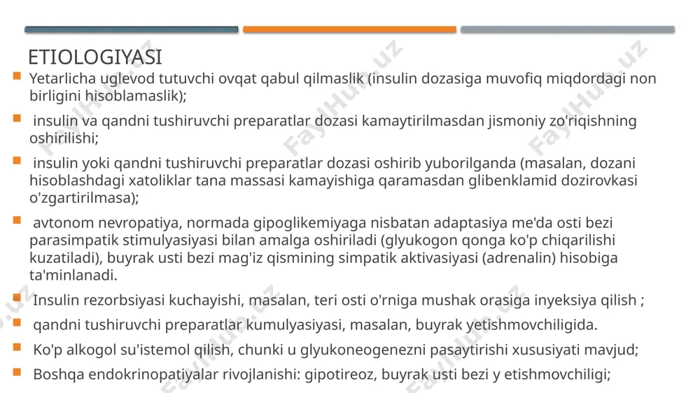 adi taxikardiya boshi aylanadi boshi og’riydi ko’ngil aynaydi tana muzlashni boshlaydi stupor,koma holatiga tushadi bemorlarda yuqoridagi simptomlarning u yoki bu guruhga mansub belgilari aks etishi mumkin. gipoglikemik koma rivojlangandan sung 30 minut davomida adekvat davo qo'llanilsa va xushiga tez keltirilsa ba'zi asorat va 77 oqibatlar oldi olinadi. ba'zan euglikemiya bo'lishiga qaramasdan, davo davom ettirilsada bemorlar stuporoz yoki komatoz holatda bir necha soat yoki bir necha kungacha qolishi mumkin. uzoq davom etgan gipoglikemiya yoki tez-tez gipoglikemik holatga tushib turish markaziy asab tizimida qaytmas o'zgarishlarga olib keladi. delirioz, gallyusinator-paranoid epizodlardan tortib epileptik tutqanoqlargacha bo'lgan ko'rinishda aks etib, oxir oqibatda turg'un esi pastlik kabi ensefalopatiya rivojlanishiolib keladi. giperglikemik koma -terisi iliq va quruq -ko’z qovoqlari ko’zdan kechirganda yumshoq -tanasi turgorligi past -bemordan aseton hidi kelishi gipoglikemikkoma -terisi sovuq va nam -ko’z qovoqlari ko’zdan kechirganda qattiq -tana turgorligi yuqori -qaltirash -taxikardiya agar bemor xushida bo'lsa, yengil gipoglikemiyani davolash uchun 1- 2 non birligi (10 …