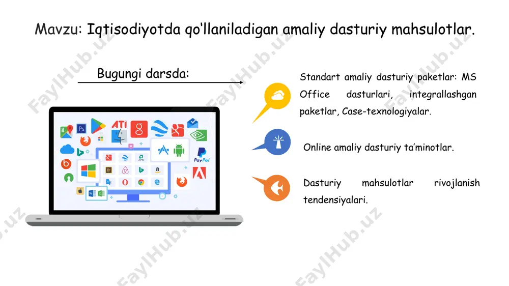 irilgan adplar orasida sanoat va nosanoat sohalarida boshqarish vazifalarini kompleks avtomatlashtirish uchun mo’ljallangan va predmetli sohalardagi adp lar guruhlarini ajratib ko’rsatadi. ms office dasturlari microsoft office microsoft offiсe dasturlaridan foydalanuvchi har bir masalani yechishda, hujjatlarni taxrirlashda va boshqa ishlarda unimli foydalanishi mumkin. officedan foydalangan foydalanuvchi ekranni oʻz xohishi boʻyicha oʻzgartirishi, shriftlarni tanlashi, printerlarni tanlashi, boshqa tizimlarni disklarga yozishi, qoʻshimcha kompyuter qurilmalarini oʻrnatishi va hakozo imkoniyatlardan foydalanishi mumkin. qisqa qilib aytganda, kompyuter ishini oʻz xohishiga moslab kompyuter xotirasi, ekranni, ishlash tezligi, qoʻshimcha qurilmalaridan optimal foydalanishi mumkin. microsoft office tarkibi microsoft office bir nechta xilda sotuvga chiqariladi. ularning farqi toʻplam tarkibi va narxida. office dasturlar toʻplamining nisbatan toʻliqroq variantiga quyidagi dasturlar kiradi: microsoft word — har xil koʻrinishdagi oddiy va murakkab matnlarni taxrirlashga moʻljallangan matn muharriri. muqobil dasturlar: openoffice.org writer, libreoffice writer, staroffice writer, kword, neooffice writer, corel wordperfect, apple pages (bu faqat mac os tizimida) va abiword. microsoft office tarkibi microsoft …