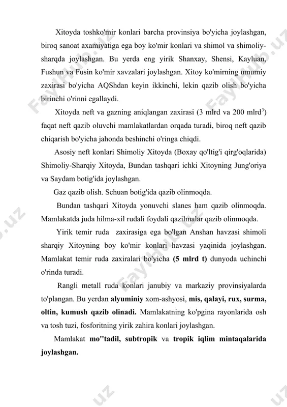 qdan shimoli-g'arbga tomon kamayib boradi.(1200-1400 mm dan 100 mm gacha kamayadi). unumdor tuproqli yerlar mamlakatning sharqida ya'ni buyuk xitoy tekisligida joylashgan. bu rayon xitoyning asosiy dehqonchilik rayoni xisoblanandi. mamlakatning g'arbida dehqonchilik faqat daryo vodiylarida va vohalardagina olib boriladi. bu yerlarda chorvachilik sohasi ustun darajada rivojlantirilgan. yog'inlarning notekis mavsumiy holda yog'ishi qishloq xo'jaligi sohasida sug'orib dehqonchilik qilishni taqoza etgan. qishloq xo'jaligida nafaqat sholi sug'orib yetishtiriladi balki bug'doy ham sug'orib yetishtiriladi. o'rmon resurslarining asosiy qismi shimoli sharqda va janubi sharqda joylashgan. tabiat zonalari shimoldan janubga kenglik bo'yicha almashinadi. tog'larda esa balandlik mintaqalari yaxshi aks etgan. xitoy suv resurslari(50 mingdan ortiq daryo) bilan juda yaxshi ta'minlangan, biroq suv resurslari xududlar bo'yicha notekis taqsimlangan. mamlakatning sharqiy qismi suv resurslariga juda boy. xitoy daryolari ichki berk oqim havzalari (sinxay-tibet tog'li rayoni) shimoliy xitoy va tinch okeani, hind va shimoliy muz okeani hovzalariga-tashqi oqim oblastiga kiradi. yanszo', xuanxe, amur, xuayxe, chjuszyan tinch okeanga quyiluvchi eng yirik …