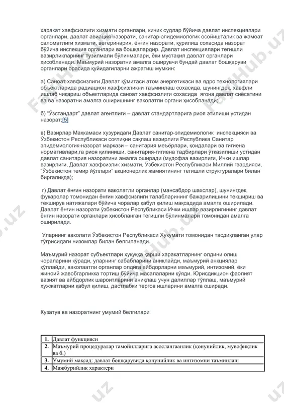 бўлган турлари белгиланган (ҳаммаси бўлиб -162 та), уларнинг ҳар бири бошқа вазифалар билан бирга назоратни ҳам ўз ичига олади. маъмурий назорат. давлат бошқарувида қонунийлик ва интизомни таъминлаш усули сифатида маъмурий назорат жамият ва давлат учун муҳим аҳамиятга эга бўлган умуммажбурий қоидаларнинг ижро хокимияти органлари, шунингдек, тижорат ва нотижорат ташкилотлари, шунингдек, фуқаролар томонидан аниқ бажарилишига йўналтирилган давлат ва махсус ваколатли ижро хокимияти органларининг (мансабдор шахсларининг) алохида турини ўзида акс эттиради. маъмурий назорат давлат бошқаруви органлари томонидан амалга ошириладиган давлат назоратининг махсус кўринишидир. назорат фаолияти дастлабки, жорий ва кейинги назоратларни ўз ичига олади. маъмурий назорат органлари қонунчилик меъёрлари, техник-юридик меъёрларга (снип, кмк, шмк, гост, қоидалар ва хоказоларга) керакли тарзда риоя этилишини текширадилар, ҳуқуқбузарликларни аниқлайдилар ва бартараф этадилар, айбдорларни маъмурий жавобгарликка тортадилар. маъмурий назорат жисмоний ва юридик шахслар доирасига нисбатан уларнинг қайси идорага бўйсуниши ва мулк шаклидан қатъий назар, амалга оширилади. [3] маъмурий кузатув ва назорат турли ташкилий ва ҳуқуқий шаклларда амалга оширилади: …