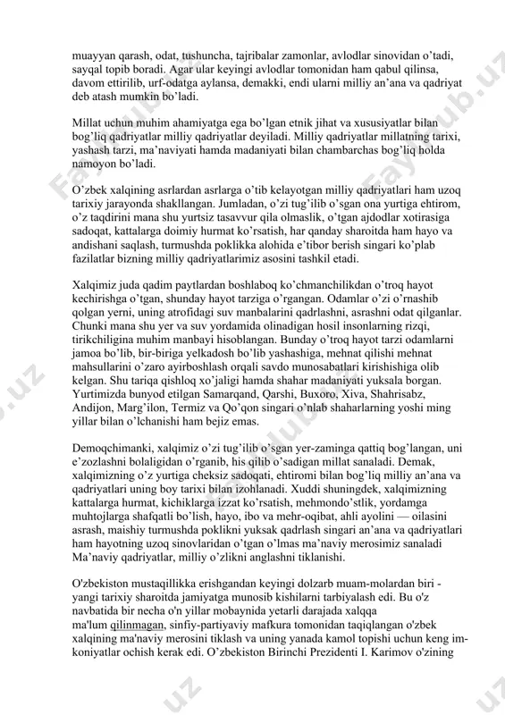 yillarning oxiri 90-yillarning boshlarida sssr va sharqiy yevropadagi sotsialistik tuzum davlatlarining ijtimoiy-siyosiy hayotida sodir bo'lgan o'zgarishlar tabiiy ravishda o'zbekistonda demokratiya va oshkoralikning qaror topishiga, tarixiy haqiqatning tiklanishiga olib keldi. biroq, o'zbekiston va uning xalqi bu jarayonga yetib kelguniga qadar og'ir sinovlarni boshdan kechirishiga to'g'ri keldi. buyuk imperiyachilik g'oyalari negizi-da zo'ravonlik bilan tashkil topgan totalitar tuzum siyosiy-iqtisodiy inqirozdan jon talvasasida so'nggi bor o'zbekistonga hamla qildi. xalqning azaliy, milliy qadriyatlariga qarshi kurashni har qachongi-dan ham kuchaytirdi. bunday harakatlar bizningcha, quyidagi holat-lar bilan izohlanadi. qolaversa, o'zbekiston kompartiyasi markaziy qo'mitasi-ning xvi plenumidan so'ng respublikada ijtimoiy-ma'naviy ahvolni tartibga solish niqobida sssrning boshqa mintaqalaridan jo'natilgan kadrlarning ko'plari o'zbekistonda rahbar lavozimlarga tayinla-nishlarini o'zboshimchalik qilish uchun berilgan yorliq deb bildilar. xalqning juda boy tarixi va madaniyatini bilishni istamagan bunday kadrlar jumhuriyat ma'naviy hayotini barbod etishga harakat qildi-lar. shu tariqa xalqning ko'p asrlik an'analarini, madaniyati va urf-odatlarini mensimaslik elni ranjitdi. xalq turmush tarzi va ma’naviyatining tarkibiy qismini uning azaliy …
