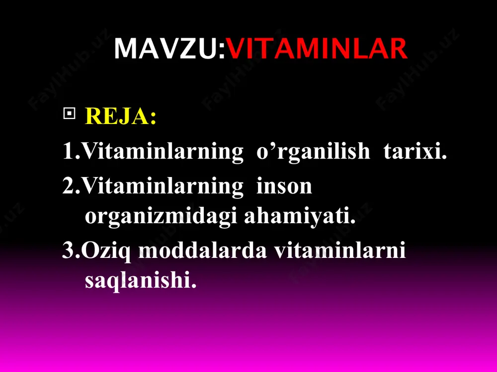n va qon hosil bo’lishida qatnashadigan moddaning jigarda bo’lishi ma’lum edi. bu vitamin ancha murakkab tuzilishga ega bo’lgani sababli uni kimyoviy tuzilishini o’rganish ancha muddatga cho’zildi va bunda xilma-xil biokimyoviy tadqiqot uslublaridan foydalanilish yaxshi natija bilan yakunlanmadi, hamda ancha urinishlar foyda keltirmadi. birinchi bo’lib d. xodjkin 1955 yilda qo’llanilgan rengentuzilmaviy taxlil uslubi vitamin b12 ni kimyoviy tuzilishini aniqlashda qo’l keldi. vitamin b12 (siankobalamin, antianemik vitamin). vitamin d (ergokaltsiferol, xolekaltsiferol) vitamin d ni ochilishi odam va xayvonlarda ikki xil kasallik– raxit va osteomolasiyaning o’rganilishi tufayli yuz beradi. raxit kasali xvii asrda angliyada birinchi bor qayd qilindi. 1924 yilda a. gess va m. veynshtoklar va ulardan bexabar xolda g.stinbok o’simlik moylari va boshqa oziqa mahsulotlariga ultra binafsha nurlar bilan ta’sir etib, yosh bolalarda raxitni oldini oladigan modda ajratib oldilar. bu xil faollikni yuzaga chiqaradigan modda sterin bo’lib chiqdi va u ergosteringa o’xshashligi aniqlandi, hamda keyinchalik vitamin d deb yuritila boshlandi. 1932 y …