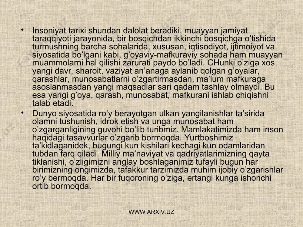 tishini taqozo etmoqda. darhaqiqat, inson aql-idroki, zakovati va salohiyati ijtimoiy taraqqiyot, olam yaxlitligining birdan-bir omiliga aylanishiga ehtiyoj kuchaymoqda. turli-tuman tahdidlarni bartaraf etish faqat va faqat inson zimmasiga tushmoqda. shu bois jamiyat taraqqiyotida muhim o’rin tutadigan bunyodkorlik ruhi bilan yo’g’rilgan, hayotimizni obod va farovon bo’lishiga xizmat qiladigan yangi ishlanmalar, taklif va tavsiyalar bugun har qachongidan ham zarurdir. www.arxiv.uz www.arxiv.uz o’tgan asrning so’nggi o’n yilligida insoniyat hayotida ro’y bergan muhim o’zgarishlarni quyidagicha tavsiflash mumkin: birinchidan. ikki qutbli dunyo, “sovuq urush” muhiti barham topdi va insoniyatning yagona makonda yakdil maqsad sari yashashi uchun imkoniyat paydo bo’ldi. ikkinchidan. dunyo xaritasida asosan, markaziy osiyo, boltiqbo’yi va sharqiy yevropa mintaqalari hisobiga yangi milliy davlatlar paydo bo’lib, demokratik rivojlanish yo’liga kirdi. uchinchidan. inson huquqlarini amalda ro’yobga chiqarish, dunyo xalqlarining yagona maqsadi – tinch va farovon hayotini barpo qilish va integratsiyalashish yo’nalishlarida amaliy ishlar boshlandi. bu o’zgarishlar jahon taraqqiyotiga oid eski andoza va qoliplarni qayta ko’rib chiqish imkonini …