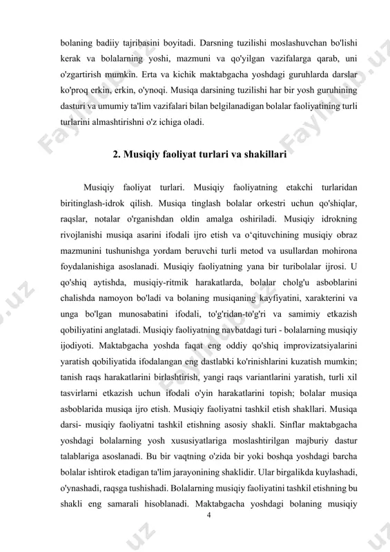 ini birlashtirish, yangi raqs variantlarini yaratish, turli xil tasvirlarni etkazish uchun ifodali o'yin harakatlarini topish; bolalar musiqa asboblarida musiqa ijro etish. musiqiy faoliyatni tashkil etish shakllari. musiqa darsi- musiqiy faoliyatni tashkil etishning asosiy shakli. sinflar maktabgacha yoshdagi bolalarning yosh xususiyatlariga moslashtirilgan majburiy dastur talablariga asoslanadi. bu bir vaqtning o'zida bir yoki boshqa yoshdagi barcha bolalar ishtirok etadigan ta'lim jarayonining shaklidir. ular birgalikda kuylashadi, o'ynashadi, raqsga tushishadi. bolalarning musiqiy faoliyatini tashkil etishning bu shakli eng samarali hisoblanadi. maktabgacha yoshdagi bolaning musiqiy qobiliyatlari kattalar va boshqa bolalar bilan birgalikdagi faoliyatda namoyon bo'ladi. to'g'ri yondashuv bilan o'qituvchi, uslubiy texnikaning ketma-ketligi butun bolalar jamoasi orqali bilvosita har birining individual rivojlanishiga ta'sir qiladi. shu bilan birga, ortda qolganlarga qiyinchiliklarni tezroq engib o'tishga yordam berish uchun tengdoshlarning ijobiy namunasi qo'llaniladi. mashg'ulotlar dasturga muvofiq musiqiy faoliyatning barcha turlari bo'yicha tizimli ravishda olib boriladi. sinfda faoliyatning boshqa o'zgarishi mavjud: bolalar qo'shiq aytadilar, raqsga tushadilar, o'ynaydilar, musiqa tinglaydilar. sinflarni …