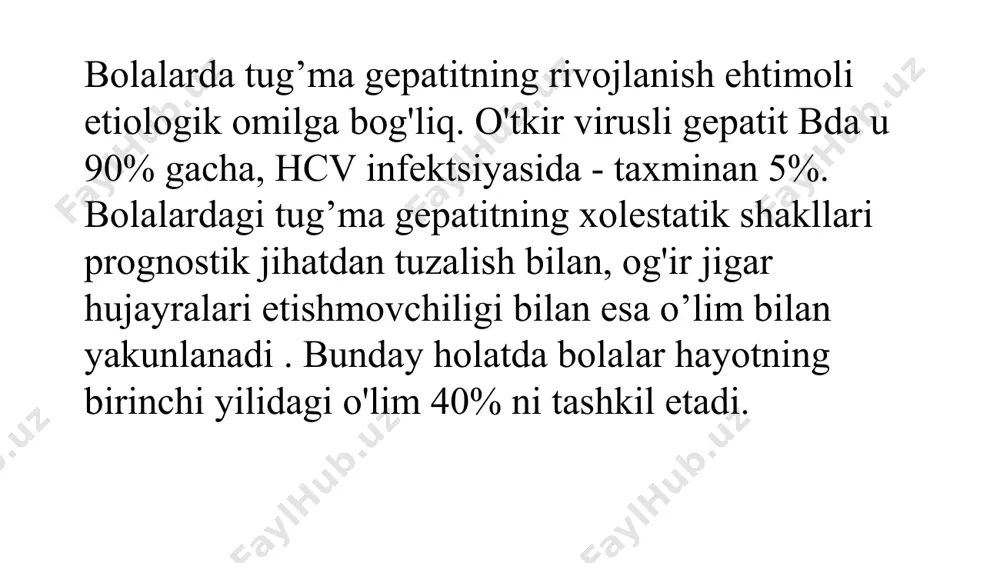 hqari, gepatoprotektorlar, o’t xaydovchi vositalar, glyukokortikosteroidlar va interferonlar buyurilishi mumkin. agar o't yo'llarining strukturaviy anomaliyalari yoki atreziyasi mavjud bo'lsa, jarrohlik amalga oshiriladi. tug’ma gepatitlarning oqibati bolalardagi konjenital gepatitning oqibati etiologiyaga, bolaning ahvolining og'irligiga va davolash samaradorligiga bog'liq. hayotning birinchi yilida o'lim darajasi 25-40% ni tashkil qiladi. bu, asosan, og'ir gepatotsellyulyar etishmovchilik bilan kechadigan shakllarni o'z ichiga oladi. yana 35-40% bolalarda surunkali jigar kasalliklari va turli asoratlar paydo bo'ladi. ular orasida eng keng tarqalgan xolestatik sindrom, d, e va k vitaminlari etishmovchiligi sindromi, jigar sirrozi va surunkali fibrozli gepatit, portal gipertenziya va o'tkir jigar etishmovchiligi, ensefalopatiya, jismoniy rivojlanishning kechikishidir. tug’ma gepatit profilaktikasi bolalarda tug'ma gepatitning o'ziga xos profilaktikasi onaning qonida hbs antigenlari aniqlanganda, yoki o'tkir gepatit tashxisi tasdiqlanganda amalga oshiriladi. bunday bolalar hayotning birinchi kunidayoq donor immunoglobulinlari va rekombinant vaktsina bilan emlanadi. 1 va 6 oylarda immunoglobulinlarsiz takroriy emlash ko'rsatiladi. nonspesifik profilaktika choralari donor qoni va tibbiy asboblardan foydalanishni nazorat qilish, …
