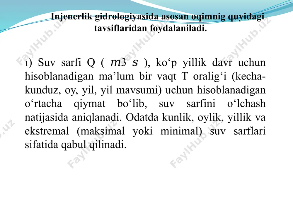 angan hisob yillari bo‘yicha mavsumiy oqim hajmlari hisoblanib, ularning yil davomida taqsimlanish grafiklari chizilsin. mavsumiy, ya’ni bahor, yoz, kuz va qish fasllaridagi oqim hajmlari 4, 5, 6-jadvallarda keltirilgan oylik oqim hajmlari asosida hisoblanadi. jumladan bahorgi oqim hajmi mart-may, yozgi oqim hajmi iyun-avgust, kuzgi oqim hajmi sentyabr-noyabr va, nihoyat, qishki oqim hajmi dekabr-fevral oylaridagi oqim hajmlari yig‘indisi sifatida aniqlanadi. hisoblashlar natijalari jadvalda umumlashtiriladi(7-jadval). 8. chirchiq-ohangaron havzasi suv resurslaridan xalq xo‘jaligining tegishli tarmoqlarida samarali foydalanish bo‘yicha tavsiyalar. tavsiyalar matnini quyidagi reja asosida tuzgan ma’qul: - chirchiq-ohangaron havzasining umumiy tavsifi; -havzada suv resurslarining hosil bo‘lish qonuniyatlari va suv resurslari monitoringi; -havza suv resurslarining aholi zich joylashgan toshkent vohasi xo‘jaligi va iqtisodiyotining barqaror rivojlanishidagi ahamiyati; -suv resurslarining yil davomida hamda yillararo o‘zgaruvchanligi va uning oqibatlari; -havzada mavjud suv resurslaridan samarali foyda­lanish istiqbollari; -havzadagi mavjud suv omborlaridan kompleks foydalanish masalalari. -chirchiq-ohangaron havzasidagi mavjud suv resurslarini muhofaza qilish masalalari. suv sarfini o’lchash gidrometrik vertushka bilan qanday? …