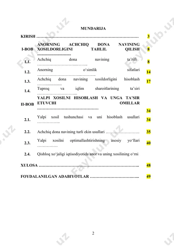 yalpi hosilni xisoblash, qishloq xo'jaligida erishiladigan iqtisodiy foyda va resurslarni to'g'ri taqsimlash uchun muhimdir. ushbu hisob-kitoblar yordamida fermerlar qaysi navlar yuqori hosil bera olishiga, ular uchun qaysi agrotadbirlar samarali bo'lishiga qaror qilishlari mumkin. bunda navlarning xususiyatlari, shuningdek, ularning ekish sharoitlari va iqlim o'zgarishlari kabi omillar hisobga olinadi. xosildorlikni hisoblashning dolzarbligi ayniqsa shundaki, zamonaviy qishloq xo'jaligi tadqiqotlarida intensiv ishlab chiqarishning barqarorligini ta'minlash va yuqori samaradorlikka erishish masalalari o'z muhimligini oshirmoqda. bu mavzu, anor yetishtirishda xarajatlarni kamaytirish, mahsulot sifatini yaxshilash, va eng muhimi, fermerlarning iqtisodiy barqarorligini saqlashda qo'llanilishi zarur. shu bilan birga, anorning yalpi hosilini xisoblashda ekin maydonining unumdorligi, suv resurslarining samarali ishlatilishi va pestitsidlar bilan ishlashda ehtiyotkorlik bilan qarashlar kiritilishi kerak. bu tahlil nafaqat iqtisodiy foydalarni baholash, balki ekologik barqarorlikni ta'minlashda ham muhim rol o'ynaydi. shunday qilib, anorning achchiq dona naviga oid xosildorlik va yalpi hosilni xisoblash, nafaqat iqtisodiy jihatlarni, balki ekotizimga ta'sirlarni ham o'rganishda katta ahamiyatga ega bo'ladi. anorning xosildorligini …