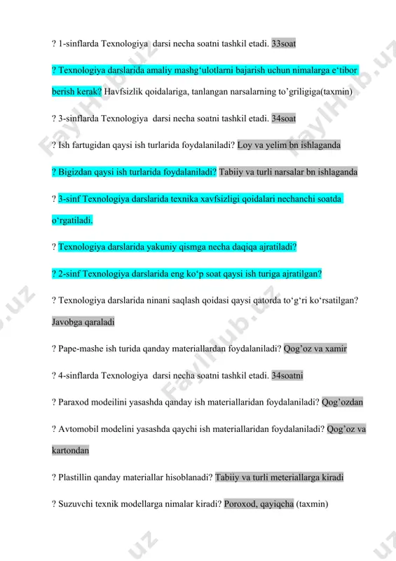aysi qatorda to‘g‘ri ko‘rsatilgan. tushunmadim ? karton qanday qog‘oz.? 1 kv metri 250 grammdan ortiq qog’oz ? daraxt barglarini quritish yo‘llari? gerbariy ramkalarida kuritish, pressda kuritish, issik dazmol bilan kuritish ?gazlama bilan ishlaganda qanday asboblardan foydalaniladi.? qaychi, igna, angishvona ? applikatsiyada dastlabki ish nimadan boshlanadi? istalgan applikatsiya syujetni tanlashdan boshlanib, undan keyin applikatsiya eskizi, kogoz tanlash, kerakli detallarni kirkish, ularni fonga kuyish, yelimlash va nixoyat kuritish jarayonlari keladi. oddiy applikatsiyalar eskizsiz bajariladi ? mozaika qanday san‘at turi hisoblanadi? monumental dekorativ sahnat turlaridan biridir ? o‘rta osiyo madrasalari, masjidlar, hukmdorlarning saroylari qaysi ish turi bilan bezatiladi? mozaikalar bilan ? mustaqil ish bu.. ?qog‘ozga ishlov berish usullari qaysi qatorda to‘g‘ri ko‘rsatilgan.? buklash, qirqish, yopishtiris ?mozayka tushunchasini ta‘riflang.? mozaika bu rasm sathida ayrim-ayrim parchalar (qog’oz, oyna, sapo, gul tojibarglari, tuxum po’sti va shu kabilar) qo’yib chiqishdir ?boshlang‘ich sinflarda o‘quvchilar qanday mehnat turi bilan shug‘ullanadi? 1.qog’oz va karton bilan ishlash. 2.turli materiallar bilan ishlash. …