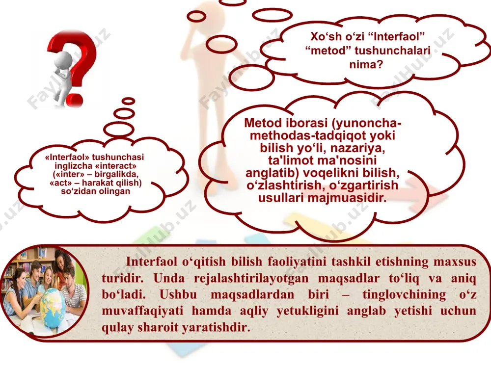 ch qo‘llanilasa maqsadga muvofiqdir. o‘quvchilarni mustaqil fikrlash dars jarayonida egallagan bilimlari asosida vaziyatni baholashga shu bilan birga kommunikativ va milliy va umuminsoniy qadriyatlarga ega bo‘lish kompetensiyalar elementlarini shakllantiradi. o‘quvchilarni darslik, qo‘shimcha manbalarni o‘qishga, bilmaganlarini o‘rganishga harakat qilishlariga yordam beradi. o‘quvchilarni darsga faol qatnashishlarini ta'minlaydi bu metodni qo‘llashda o‘qituvchi avvaldan qaysi mavzu yoki savolni shu metod yordamida o‘rganishni aniqlashi zaruar o‘rganilgan mavzu bo‘yicha savollar va ularning javoblarini, darslikdagi matnni, yangi mavzu bo‘yicha bilish lozim bo‘lgan savollar va ularga javoblarni tayyorlaydi. nimalarni bilishi, yangi mavzu bo‘yicha nimani bilishi zarurligi va dars davomida nimalarni o‘quvchilar bilganini ko‘rsatishi uchun jadval chiziladi. faollshtiruvchi savollar orqali aniqlanadi ehtiyojni aniqlash orqali aniqlanadi mavzuni mustahkamlash orqali kichik gr shakllantiriladi topshiriq 1-gr. topshiriq 2-gr. topshiriq 3- gr. topshiriq 4- gr. topshiriq yo‘naltirish muhokama, tahlil, baholash 1-gr. taqdimot 2- gr. taqdimot 3- gr. taqdimot 4-gr. taqdimot * mashg‘ulot ishtirokchilarining o‘zlarini erkin his etishlariga sharoit yaratib berish. g‘oyalarni yozib berish uchun …