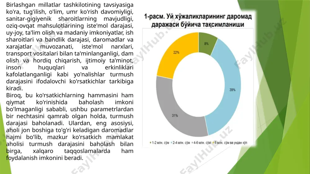 dalolat beradi. aholi jon boshiga daromadlari aholining jami umumiy daromadlarini doimiy aholining o'rtacha yillik soniga bo'lish orqali hisoblanadi. dastlabki ma'lumotlarga ko'ra, 2020 yilning yanvar`-dekabr` oylarida mamlakatimizda doimiy aholining o'rtacha yillik soni 34232,1 ming kishini tashkil etgan. ana shu davrda aholi umumiy daromadlari hajmi 401,5 trillion so'mni va o'tgan yilning mos davriga nisbatan real o'sishi 2,6 foizga oshgan. aholi jon boshiga o'rtacha umumiy daromadlari esa 11,7 million so'm, real o'sishi 0,7 foizga teng bo'lgan. ijtimoiy qo'llab-quvvatlash bo'yicha amalga oshirilayotgan manzilli chora-tadbirlar aholi barcha qatlamlari o'rtacha daromadlarining o'sib borishida muhim omil bo'lyapti. bunda aholining turli guruhlari daromadlari darajasidagi tafovutni aks ettiradigan jini koeffitsienti 2000-2020 yillarda 0,39 dan 0,26 ga pasaydi. oʻzbekiston milliy ensiklopediyasining 1-jildi 2000-yil 30-dekabrda nashrdan chiqdi[2]. oʻzbekiston milliy ensiklopediyasi 1-jildi oʻzbekiston respublikasi prezidenti islom karimovning „oʻzbekiston milliy ensiklopediyasi oʻquvchilari“ga yoʻllagan tabrigi bilan boshlangan. ensiklopediyaning umumalifbo harfidagi soʻnggi 11-jildining nashri 2005-yilda yakunlandi. ensiklopediya hozirgi „oʻzbekiston“ nashriyot-matbaa ijodiy uyida bosilgan. ensiklopediyani tayyorlashda …