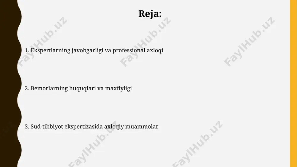 uzilishi ehtimoli 50% dan yuqori bo'lishi mumkin. genetik ma’lumotlarning noto‘g‘ri talqin qilinishi 10% ga yaqin sud jarayonlarida xato xulosalarga olib kelishi mumkin, bu esa adolatsizlikka olib keladi. texnologiyalardan foydalanish va axloqiy muammolar genetik ma’lumotlardan foydalanishda 99% aniqlikka erishishga qaramasdan, shaxsning roziligisiz dnk tahlillarini o‘tkazish katta axloqiy muammo tug‘diradi va maxfiylik huquqini buzadi. raqamli dalillarni saqlash va ulardan foydalanishda siberxavfsizlikning zaifligi, ma’lumotlarning o‘g‘irlanishi va suiiste’mol qilinishi xavfini 30% ga oshiradi, bu esa axloqiy masalalarni keltirib chiqaradi. sud-tibbiy mutaxassislarning axloqiy tayyorgarligi суд-тиббий экспертизада 3 та асосий этика принциплари – адолат, ҳалоллик ва бетарафликка риоя қилиш мажбурийдир. буларни амалиётда қўллаш бўйича ўқув дастурлари мавжуд бўлиши зарур. суд-тиббий экспертларнинг камида 5 йиллик малака ошириш курсларини мунтазам ўташлари, этика кодекслари билан яхши таниш бўлишлари аҳамиятлидир. dastlabki yordam va davolashning axloqiy jihatlari davolash jarayonida bemorning shaxsiy ma'lumotlarini himoya qilish va 100% maxfiylikni ta'minlash, hipaa qoidalariga mos kelish muhim axloqiy jihat hisoblanadi. birinchi yordam ko'rsatishda bemorning xohishiga …