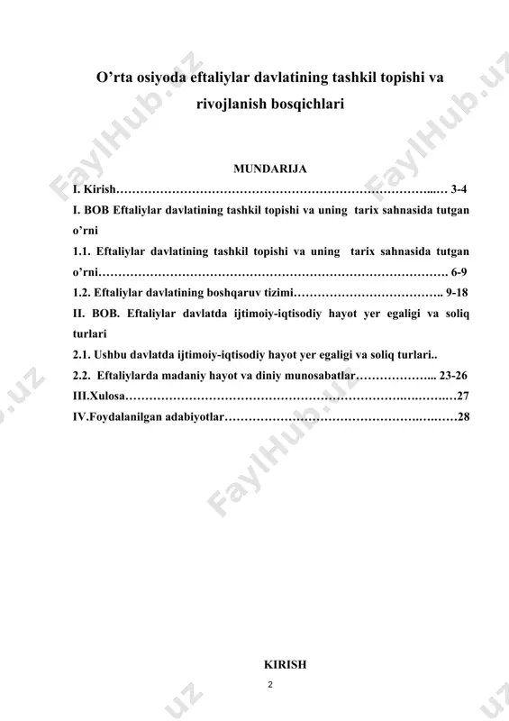 a o’rganib chiqish ham muhim ahamiyatga ega. o’zbekistonning ilk o’rta asrlardagi - eftaliylar davlati tarixi va turk xoqonligi davri tarixi oliy o’quv yurtlari bakalavr yo’nalishidagi hamda magistratura bosqichidagi talabalar uchun mo’ljallangan o’quv dasturiga kiritilgan. mazkur davrga oid tarixiy manbalar va ma’lumotlarning kamligi ilk o’rta asr davlatlari haqida to’liq ma’lumot olish imkonini bermaydi. shuningdek, ko’plab darslik va o’quv qo’llanmalardagi shu davrga oid ma’lumotlar umumlashgan holda berilgan. yuqoridagilarni inobatga olgan holda mazkur o’quv qo’llanmada eftaliylar davlati va turk xoqonligi davri tarixini batafsil yoritish maqsad etib qo’yildi. eftaliylar davri tarixini yoritish davomida o’rta osiyoda antik davrdan ilk o’rta asrlarga o’tish jarayonining yuz berishi kuzatiladi, shu sababdan mazkur uslubiy qo’llanmada bu davr tarixiga kengroq to’xtalib o’tildi. eftaliylar davlatidagi siyosiy jarayonlar, jamiyatning ijtimoiy-iqtisodiy va madaniy-ma’naviy hayotidagi tub o’zgarishlar batafsil yoritildi. o’zbekistonning ilk o’rta asrlardagi davlatchiligi tarixida alohida o’rin tutgan turk xoqonligi davrini yoritish jarayonida esa, asosan davlat boshqaruvidagi o’zga-rishlar hamda iqtisodiy hayotning muhim jihatlariga e’tibor …