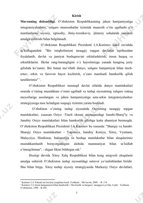 rida yaratilgan va sssrning xalqaro munosabatlarida o’zbekistonning tutgan o’rniga bag’ishlangan tadqiqotlarni kiritish mumkin. bu davrda ham bir qancha asrlar yozilgan bo’lib ularda markaziy osiyo va xitoy o’rtasidagi qadimgi aloqalar tarixi mahalliy va xitoy manbalari asosida o’rganilgan va tahlil etilgan. ch.a.abutalipov, i.to’xtaxo’jayeva, x. ziyayev, b.mannopov va boshqalarning asarlarida1 o’zbekistonning tashqi dunyo bilan aloqalarini o’rganishga harakat qilingan. jumladan, ch.a.abutalipov asarida o’zbekistonning xalqaro aloqalari asarida mustabid tuzum hukmronligi yillarida bu jarayondagi ahvol xususida umumiy fikr yuritilgan. o’zbekiston xitoy aloqalari xususida qisman to’xtalib o’tilgan. i.to’xtaxo’jayeva asarida ham o’zbekistonning xalqaro aloqalari haqida fikr yuritilgan, ammo o’zbekiston xitoy aloqalari o’rganilmagan. x. ziyayev asarida o’zbekistonning xitoy bilan amalga oshirgan iqtisodiy va madaniy aloqalari xususida ba’zi fikrlar bayon qilingan. aynan ana shunday fikrni b.s. mannopov asari xususida ham aytish mumkin. lekin, mazkur tadqiqotlarda o’zbekiston va xitoy o’rtasidagi aloqalarni to’laqonli yoritishga erisha olinmagan, ayrim manbalarda esa bu masala umuman chetlab o’tilgan. mazkur guruhga kiritilgan adabiyotlar o’z davri talablaridan kelib …