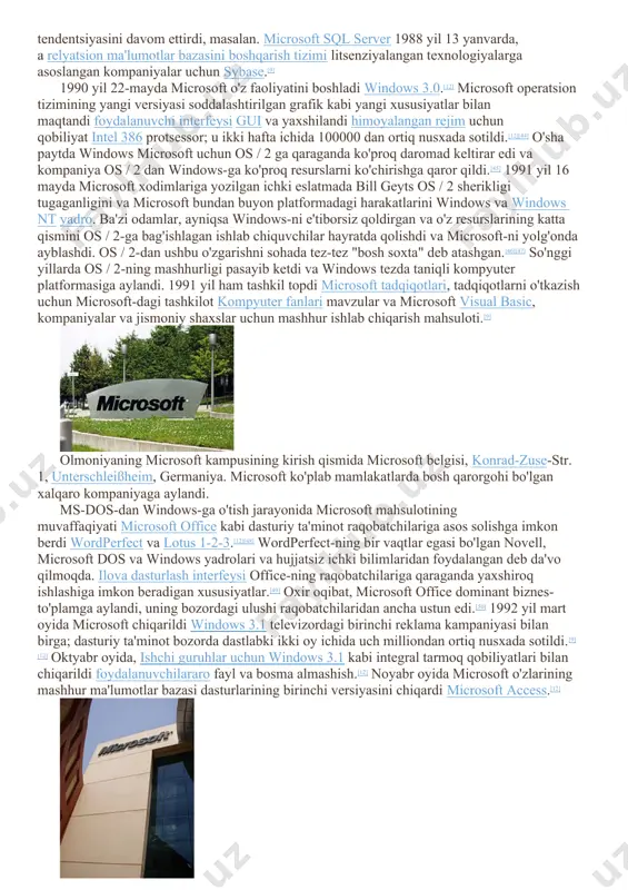 tugadi, ibm microsoft bilan shartnoma tuzdi cp / m operatsion tizim, bu ibm pc-da foydalanish uchun o'rnatildi. ushbu shartnoma uchun microsoft a cp / m klon chaqirildi 86-dos dan tim paterson ning sietl kompyuter mahsulotlari ibm nomini o'zgartirgan 100000 aqsh dollaridan kamiga ibm pc dos. original cp / m tomonidan qilingan gari kildall ning raqamli tadqiqotlarpotentsiali tufayli mualliflik huquqining buzilishi cp / m bilan bog'liq muammolar, ibm cp / m va pc dos-ni mos ravishda 240 aqsh dollaridan 40 aqsh dollarigacha sotdi, pc dos esa arzonligi sababli standartga aylandi.[28][29] kompaniyaning 100 xodimidan 35 nafari ibm loyihasida bir yildan ortiq ishlagan. ibm pc debyuti bo'lganida, microsoft yangi kompyuter uchun operatsion tizim, dasturlash tili va dasturiy ta'minotni taklif qilgan yagona kompaniya edi.[27] ibm pc dos ms-dos nomi bilan ham tanilgan. infoworld 1984 yilda microsoft 2003 yilda 55 million dollarlik savdo bilan,[30] mikrokompyuter-dasturiy ta'minot sanoatidagi eng nufuzli kompaniya sifatida keng tan olingan. bir …