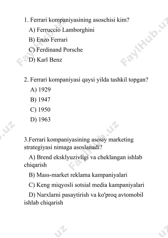 talablari 12.ferrari kompaniyasining uzoq muddatli strategiyasi "ferrari 2022" dasturining asosiy maqsadlaridan biri nima? a) yiliga 10,000 ta avtomobil ishlab chiqarish b) ekologik toza avtomobillarni ishlab chiqish c) yillik daromadni 5 milliard yevroga yetkazish d) raqobatchilarni bozorning yuqori qismida mag'lub qilish 13.ferrari kompaniyasining eng katta aksiyadori (major shareholder) qaysi kompaniya yoki shaxs? a) exor n.v. b) piero ferrari c) fca (fiat chrysler automobiles) d) mubadala development company 14.ferrari kompaniyasining bozorga chiqarilgan ilk ommaviy aksiyalari (ipo) qachon amalga oshirilgan? a) 2014 b) 2017 c) 2016 d) 2015 15.ferrari kompaniyasi qanday turdagi tadbirlar orqali o'z mijozlari bilan yaqin munosabatda bo'ladi? a) ommaviy sport tadbirlari b) keng ommaga ochiq festivallar c) eksklyuziv mijozlar uchun yopiq tadbirlar va treklardagi maxsus poygalar d) katta ko'rgazmalar 16.ferrari kompaniyasining moliyaviy direktori (cfo) kim? a) antonio picca piccon b) alessandro gili c) vittorio boero d) charlie bickers 1) b 9) b 2) b 10) b 3) a 11) a …
