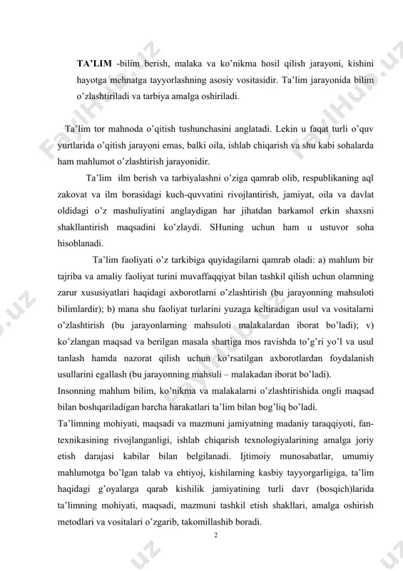 maqsadi va mazmuni jamiyatning madaniy taraqqiyoti, fan-texnikasining rivojlanganligi, ishlab chiqarish texnologiyalarining amalga joriy etish darajasi kabilar bilan belgilanadi. ijtimoiy munosabatlar, umumiy mahlumotga bo’lgan talab va ehtiyoj, kishilarning kasbiy tayyorgarligiga, ta’lim haqidagi g’oyalarga qarab kishilik jamiyatining turli davr (bosqich)larida ta’limning mohiyati, maqsadi, mazmuni tashkil etish shakllari, amalga oshirish metodlari va vositalari o’zgarib, takomillashib boradi. ta’lim mohiyatiga ko’ra bu jarayonda ishtirok etuvchilarning o’zaro hamkorlikdagi faoliyatlarining natijasidir. ta’lim jarayonida shaxsning dunyoqarashi, qobiliyati, fazilat (xislat)lari o’zgaradi. ta’lim jarayonida kishilik jamiyatining ijtimoiy-tarixiy tajribalari tahsil oluvchilar tomonidan o’zlashtiriladi va shu yo’l bilan u avlodlar orasidagi mahnaviy-madaniy, ijtimoiy, ijtimoiy vorislikni taminlaydi. ta’limning metodologik asosini dealektik bilish nazariyasi tashkil etadi. kasbiy pedagogika – umumiy pedagogikaning bir sohasi bo’lib, u tarbiya, ta’lim, o’qitish haqida qator nazariy va amaliy mahlumotlar beradi. kasbiy pedagogika sanoat, ishlab chiqarish va mehnat pedagogikasining masalalari bilan shug’ullanadi. kasb-hunar ta’limi pedagogikasi bir necha bo’limlariga bo’linib, bu bo’limlarda kasbiy pedagogikaning asoslari va muhim malasalalarini, yahni kasb-hunar ta’limi …