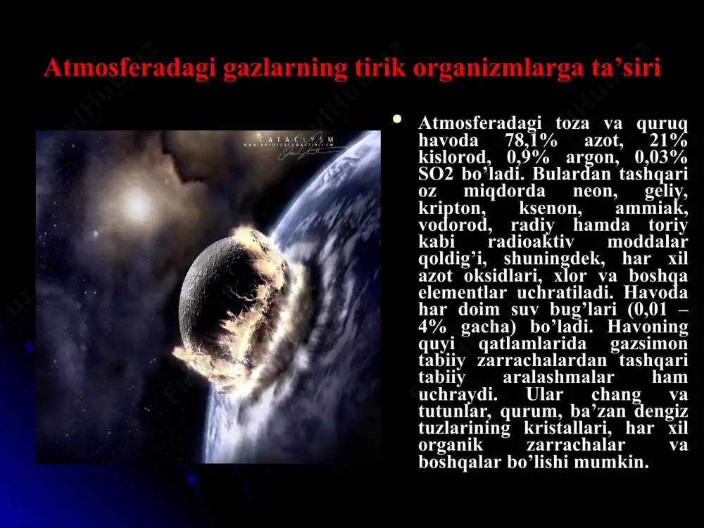 inslarining emirilishi, vulqonlar otilishi, o’rmon yong’inlari, dengizlar yuzasidan suvlarning bug’lanishi kabilar tufayli kelib chiqadi. organik changlar havo qatlamidagi aeroplanktonlar shuningdek, o’simlik va hayvonlarning qoldiqlar va parchalanish mahsulotlaridir. kosmik changlar metioritlarning atmosfera qatlamidan o’tayotganda yongan qoldiqlari hisoblanadi. sun’iy ifloslanish. atmosfera havosini asosan ifloslantiruvchi manbalar bugungi kunda tobora rivojlanib borayotgan insonning sanoat ishlab chiqarishidagi va avtotrasportlarning rivojlanishidir. havoga ko’p miqdorda karbon kislota, uglevodorodlarning oksidlari, sulьfid angidrid va boshqa moddalar chiqarilib, ular tabiiy muhitga va odamlarga juda katta zarar etkazmoqda. atmosfera havosini ifloslanishi muammosi barcha insoniyatni tashvishlantirmoqda. atmosfera havosining ifloslanishi va vujudga kelgan ekologik muammolar o’zbekistonda tamosferaga chiqariladigan nisbiy ifloslantiruvchi moddalarning miqdori keyingi yillarda ikki martaga qisqardi, ya’ni jon boshiga 90 kg ni tashkil etdi. ifloslantiruvchi moddalarning umumiy miqdloriga nisbatan 51,9%-so2, 16%-no2, 17,9%-snlar, 8,8%-so2, 6,1%-qattiq moddalar va 0,2% boshqa maxsus zararli moddalarga to’g’ri keladi. ko’pgina shaharlarda ifloslanishning sanitar-gigienik normadan ortiqligi kuzatilmoqda. masalan, olmaliq, navoiy, samarqand, toshkent, angren, marg’ilon, chirchiq, toshkent va boshqa shaharlar …