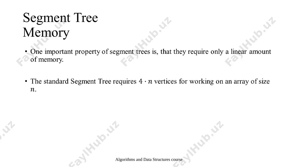 dren. in this case we have no other option as to make two recursive calls, one for each child. first we go to the left child, compute a partial answer for this vertex (i.e. the sum of values of the intersection between the segment of the query and the segment of the left child), then go to the right child, compute the partial answer using that vertex, and then combine the answers by adding them. in other words, since the left child represents the segment and the right child the segment , we compute the sum query using the left child, and the sum query using the right child. algorithms and data structures course segment tree sum queries so processing a sum query is a function that recursively calls itself once with either the left or the right child (without changing the query boundaries), or twice, once for the left …