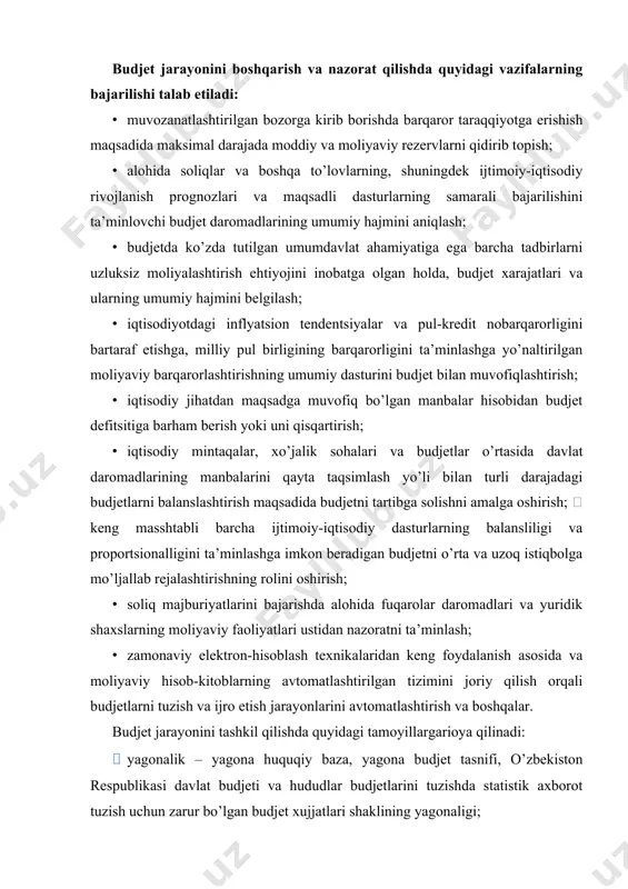 sini tuzish davlat budjeti loyihasini tuzish uchun mas’ul organlar quyidagilardir: · o’zbekiston respublikasi moliya vazirligi; · vazirliklar, davlat qo’mitalari va idoralar, mahalliy davlat hokimiyati organlari, budjetlar loyihalarini tuzish, o’zbekiston respublikasi moliya vazirligi tomonidan so’ralgan axborot va ma’lumotlarni taqdim etishga taalluqli qismi bo’yicha. davlat maqsadli jamg’armalarini taqsimlovchi organlar davlat maqsadli jamg’armalari budjetlarining loyihalarini tuzish uchun mas’ul organlardir. budjet so’rovi: · budjet tashkilotining, budjet mablag’lari oluvchining va budjet mablag’larini taqsimlovchining budjet tizimi budjetlari mablag’laridan foydalanish bilan bog’liq faoliyatining miqdor va sifat ko’rsatkichlarini o’z ichiga oluvchi, o’tgan yilda erishilgan natijalar va joriy yilda kutilayotgan natijalar to’g’risidagi tahliliy hisobotni; · xarajat majburiyatlarining ularni kiritish (ijro etish) uchun asos bo’ladigan hamda moliyalashtirish manbalari va amal qilish muddatlarini belgilaydigan normativ-huquqiy hujjatlar, shartnomalar va (yoki) ularning alohida qoidalari ko’rsatilgan reestrini; · budjet mablag’larini taqsimlovchining rivojlantirish dasturini; · budjet mablag’larini taqsimlovchining rivojlantirish dasturi bilan uzviy bog’liq holda tuzilgan kelgusi davr uchun budjet buyurtmasini o’z ichiga oladi. 3-rasm. budjet …