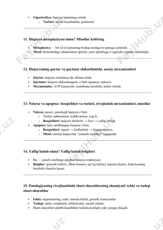 ati, genetik xususiyatlar. · tashqi: iqlim, oziqlanish, infeksiyalar, zararli odatlar. · shart-sharoitlar sababli kasalliklar turlicha kechadi yoki yuzaga chiqadi. 16. arterial va venoz giperemiya: ta’rifi, turlari, belgilari, asoratlari va oqibatlari giperemiya – to‘qimalarda yoki a'zolarda qon miqdorining ortishi. · arterial giperemiya — to‘qimalarga arteriyalar orqali qon ko‘p kelishidan yuzaga keladi. · turlari: fiziologik (mashq, issiqlik), patologik (yallig‘lanishda). · belgilar: to‘qima qizaradi, harorati oshadi, hajmi ortadi. · asoratlar: uzoq davom etsa — gemorragiyalar, to‘qima shikastlanadi. · venoz giperemiya — to‘qimalardan qonning chiqishi qiyinlashadi. · sabablari: yurak yetishmovchiligi, vena trombozi. · belgilar: ko‘karish, shish, sovuqlik, gipoksiya. · oqibatlar: atrofik o‘zgarishlar, to‘qima nekrozi. 17. ishemiya: ta’rifi, turlari, asoratlari va oqibatlari ishemiya — to‘qima yoki a’zoga qon oqimi yetarli bo‘lmasligi. · turlari: · angiospastik (qon tomir spazmi); · kompressiv (tomir siqilishi); · obturation (tomir ichida to‘silish); · distributiv (qon taqsimotining buzilishi). · asoratlar: og‘riq, gipoksiya, metabolizm buzilishi. · oqibatlar: atrofiya, infarkt, nekroz. 18. staz: …