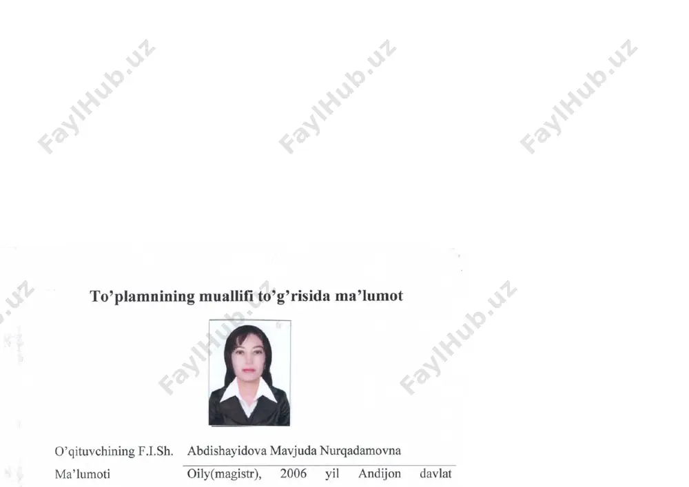 tirish asoslari ”fanidan namunaviy dastur asosida tuzilgan ishchi dastur soatlarining taqsimlanishi iii. “tibbiy biologik va ijtimoiy sog’lomlashtirish asoslari ”o’quv fani ( moduli)ning mashg’ulot turlari bo’yicha mavzular va rejalar mazmuni iv.o’quv fanining moddiy-tehnik ta’minoti v. fanning o’zlashtirish darajasini nazorati va baholash vi.tavsiya etilayotgan adabiyotlar ro’yhati “tibbiy biologik va ijtimoiy sog’lomlashtirish asoslari ” fani ishchi o`quv dasturiga ekspert xulosasi i.o`quv fanining maqsad va vazifalari, o`zlashtirish natijalari.insonning har tomonlama uyg`un kamol topishi ta`lim muassasalarining asosiy vazifasidir. bugungi kunda respublikada amalga oshirilayotgan ta`lim sohasidagi islohotlar, tibbiy biologik va ijtimoiy sog’lomlashtirish asoslarinazariyasi va uni amaliyot bilan bog`lab o`qitish bo`lajak mutaxassislarda kasbiy professional xususiyatlarni shakllantirishda muhim o`rin egallaydi. davlat ta’lim standartiga muvofiq tibbiy biologik va ijtimoiy sog’lomlashtirish asoslarifani bo‘yicha bilim, ko‘nikma va malakaga qo‘yiladigan talablarga binoan o‘quvchilar: - o‘zbekiston respublikasi prezidenti i. a. karimovning milliy va umumbashariy ma’naviy merosga munosabat hamda estetik qadriyatlar borasida bildirgan fikr-mulohazalarini, «dunyoni ezgulik va go‘zallik qutqaradi» degan tamoyilini estetika fanini o‘rganishda …