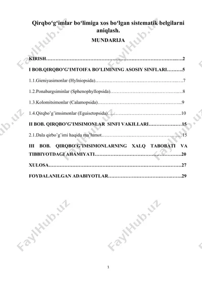 qirqbo'g'imlar bo'limiga xos bo'lgan sistematik belgilarni aniqlash. — DOCX