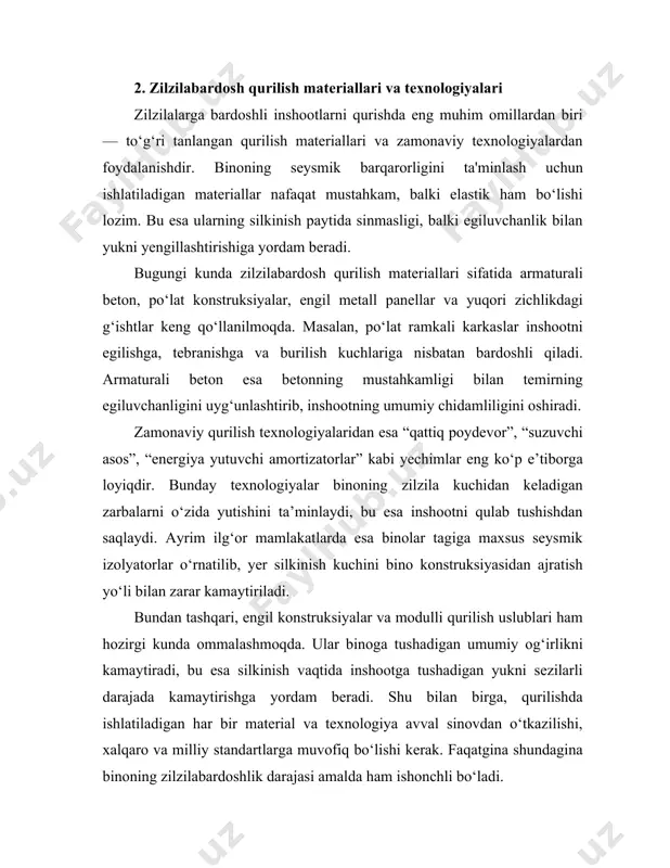 rat ostida olib borilishini ta’minlaydi. misol uchun, o‘zbekistonda mavjud qurilish me’yorlari va qoidalari (kmk)da bino va inshootlar 9–10 ballgacha bo‘lgan zilzilalarga bardosh beradigan darajada loyihalanishi shartligi ko‘zda tutilgan. davlat arxitektura-qurilish nazorati organlari har bir qurilish obyekti uchun loyiha hujjatlari, qurilish materiallari sifati va bajarilgan ishlarni tekshirish vakolatiga ega. bu orqali qurilish ishlarida noqonuniy soddalashtirishlar, arzon va sifatsiz materiallardan foydalanish, loyiha talablariga zid harakatlarning oldi olinadi. ayniqsa, insonlar yashovchi ko‘p qavatli uylarda bunday nazorat ikki baravar muhimdir. shuningdek, qurilish tashkilotlari va loyihachilar malakasini oshirish, ularning javobgarligini huquqiy jihatdan mustahkamlash ham muhim omillardan biridir. agar biror inshoot zilzila paytida qulab tushsa va uning sababi loyihaviy yoki qurilishdagi kamchiliklar bo‘lsa, qonun doirasida javobgarlik masalasi ko‘riladi. bu esa har bir mutaxassisni o‘z ishiga mas’uliyat bilan yondashishga undaydi. zamonaviy amaliyotda, ayniqsa zilzilaga moyil mamlakatlarda (masalan, yaponiya, turkiya, aqsh) qurilish sohasi doimiy ravishda yangilanib boriladigan qonunchilik asosida tartibga solinadi. ular tajribasi shuni ko‘rsatadiki, faqat texnik emas, …
