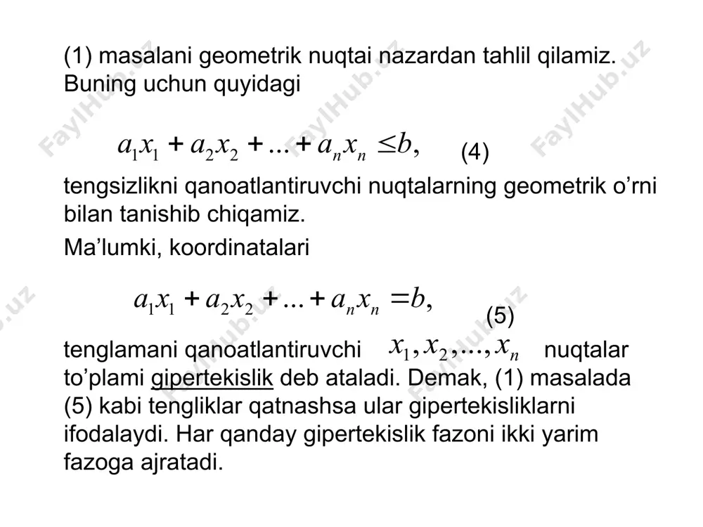 olib keladi. passiv shartlarga mos keluvchi resurslar kamyob bo’lmaydi va ularning ma’lum darajada o’zgarishi optimal yechimga ta’sir qilmaydi. aksincha, aktiv shartlarga mos keluvchi resurslarni bir birlikka oshirilishi optimal yechimning o’zgarishiga olib keladi. masalan, 1-xom ashyo zahirasini bir birlikka oshirilishi optimal yechimga qanday ta’sir ko’rsatishini ko’rish uchun uning zahirasini 7 ga teng deb olamiz. u holda cd to’g’ri chiziq o’ziga parallel ravishda yuqoriga ko’tariladi va dck uchburchak reja ko’pburchagiga qo’shiladi. natijada k nuqta optimal nuqtaga aylanadi. bu nuqtada ; ; to’g’ri chiziqlar kesishadi. shuning uchun endi masalaning ; ; shartlar aktiv shartlarga aylanadi. demak, yangi optimal yechim: . xuddi shunday yo’l bilan 2-xom ashyoni bir birlikka oshirish optimal yechimni qanday o’zgartirishini ko’rsatish mumkin. bundan tashqari kamyob bo’lmagan xom ashyolar miqdorini, optimal yechimga ta’sir qilmagan holda, qanchalik kamaytirish mumkinligini ham ko’rsatish mumkin. yuqoridagi shaklda bc kesma chiziqni, ya’ni masalaning 4 shartini ifodalaydi. ma’lumki, bu – passiv shart. maqsad funksiya qiymatini o’zgartirmagan holda …
