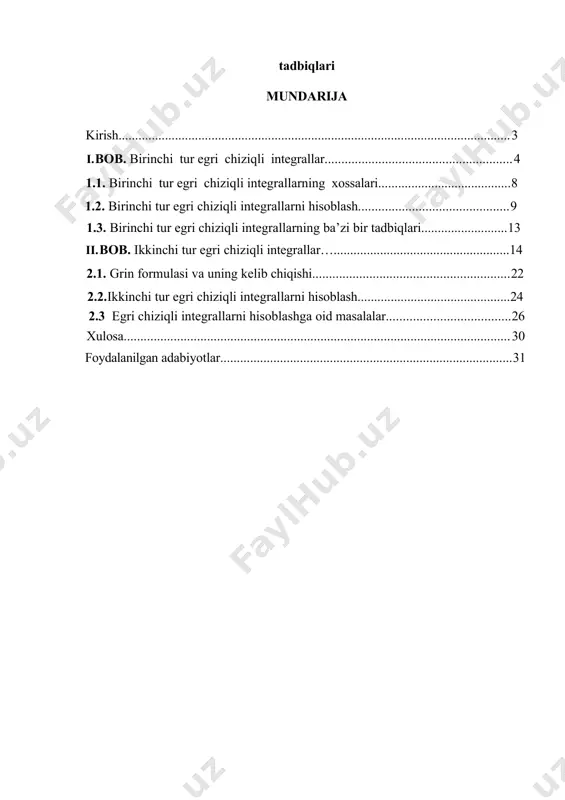 qdirini o’z qo’liga olishga qodir bo’lgan farzndlarimiz bugun minbarga chiqmoqda. kurs ishi mavzusining dolzarbligi: ushbu kurs ishi geometriya fanining “grin formulasi va uning tadbiqlari” bo’limi bo’yicha tayyorlangan bo’lib, unda nazariy ma’lumotlar keltirilgan , misol va masalarning izohli yechimlari bilan ko’rsatilgan. grin fotmulasi asosan egri chiziqli entegrallardan iborat bulgani uchun bu yerda birinchi va ikkinchi tur egri chiziqli integrallarning ta’riflari sodda tilda keltirilgan bo’lib, ba’zi egri chiziqli integrallar ta’rif yordamida hisoblab ko’rsatilgan. kurs ishining maqsadi: grin formulasi egri chiziqli integrallarning nazariyasida muhim ahamiyatga egadir. u birinchi va ikkinchi tur egri chiziqli integrallar orasidagi bogʻlanishni ifodalaydi. grin formulasi geometriya, fizika, mexanika va boshqa sohalarda turli masalalarni yechishda qoʻllaniladi kurs ishining vazifasi: biz quyida grin formulasi va uning tadbiqlari va egri chiziqli entegrallari bilan tanishamiz. bundan tashqariegri chiziqli integrallarning ba’zi bir tadbiqlari keltirilib o’tiladi. 3 birinchi tur egri chiziqli integral ta’rifi tekislikda biror sodda ab aa , a  r2 , b b …