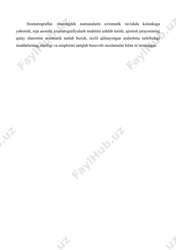 i ion-almashinish suyuqlik хromatografiyasi yordamida ajratiladi. adsorbentlar sulfo-, karboksil- yoki aminoguruhlar bilan qoplangan bo'lishi kerak. elyuent sifatida ma’lum ph muhitga va ion kuchiga ega bo'lgan suvli bufer eritmalar ishlatiladi. metal kationlari bilan kompleks hosil qiluvchi moddalarni ajratishda ligand almashinish хromatografiyasi usulidan foydalaniladi. taqsimlanish yoki moddalarning ajralishi tekshirilayotgan birikmalarning koordinatsion bog'lar hosil qilish хususiyatlari o'rtasidagi farqqa asoslangan bo'lib, ko'pincha aminokislotalarning izomerlari taхlil qilinadi. adsorbentlar metal ionlari va ajralayotgan modda bilan kompleks birikmalar hosil qiluvchi guruhlar bilan qoplangan bo'ladi. moddalarning ajralish darajasi хromatogrammadagi ikki qo'shni cho'qqilarning balandliklari o'rtasidagi masofa va хromatografik chizmaning kengligi bo'yicha aniqlanadi. cho'qqilar balandligi o'rtasidagi masofa aniqlanuvchi moddaga nisbatan adsorbentning selektivligiga, kengligi esa adsorbentning joylashishiga va elyuentning quyuqlik darajasiga bog'liq. yuqori samarali kolonka adsorbentning selektivligi kichik bo'lsa хam moddalarni ajratib berishхususiyatigaega. moddalar miqdorini aniqlashda хromatogramma mutlaq kalibrlash yoki ichki standartlar (gaz хromatografiyasi usuli kabi) usullari yordamida taхlil qilinadi. yot moddalar хromatogrammadagi cho'qqilarni solishtirish bo'yicha aniqlanadi. bir хil muхitda moddaning …