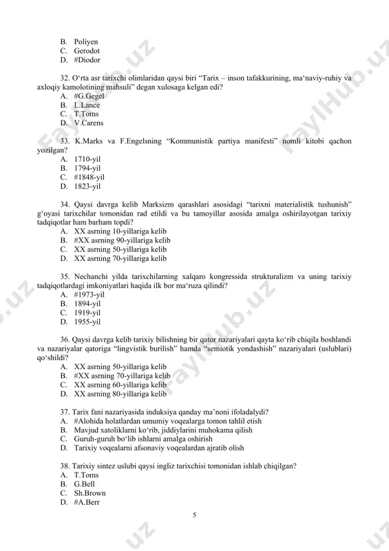 ixiy voqealarni afsonaviy voqealardan ajratib olish 38. tarixiy sintez uslubi qaysi ingliz tarixchisi tomonidan ishlab chiqilgan? a. t.toms b. g.bell c. sh.brown d. #a.berr 39. qachondan boshlab “tarixiy sintez jurnali”ni va xalqaro sintez markazini joriy etib, bir qator mamlakatlarda faoliyat olib borayotgan tarixchilar, sotsiologlar hamda tabiiy va matematika fanlari sohalari olimlarini birlashtirdi? a. xviii asr o‘rtalarida b. xvii asr ikkinchi yarmida c. #xx asr boshlarida d. xix asr oxirlarida 40. xix asr oxiri – xx asr boshida fransuz olimi seminon fransuz xalqining oylik statistikasini hisoblab chiqib qanaqa uslublarga asos solgan? a. #matematik uslub b. fizik uslub c. kimyoviy uslub d. tarixiy uslub 41. 1990-yilda qaysi shaharda bo‘lib o‘tgan tarixchilarning xvii xalqaro kongressida yevropa va osiyoda yaratilgan tarixiy tadqiqotlarda ko‘tarilgan tarixdagi vaqt masalasi muammolari muhokama etilgan? a. parij shahrida b. #madrid shahrida c. samarqand shahrida d. berlin shahrida 42. kimning qarashlariga ko‘ra, kalendar yil tarixiy vaqt tushunchasiga ko‘ra “tashqi” vaqt, ijtimoiy-tarixiy …