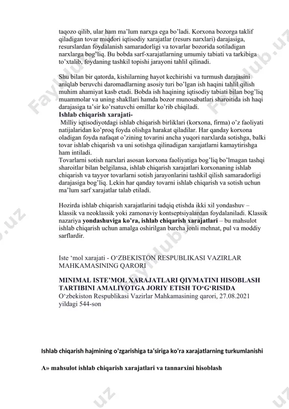 n pasayish bilan. yalpi xarajatlar - bu doimiy va o'zgaruvchan xarajatlarning yig'indisidir. ular mahsulot ishlab chiqarish uchun pul sarflash firmasi hisoblanadi. doimiy va o'zgaruvchan xarajatlarning o'zaro bog'liqligi va o'zaro bog'liqligi matematik ifodalanishi mumkin. doimiy ishlab chiqarish xarajatlari doimiy ishlab chiqarish xarajatlari tanaffus - hatto nuqta modelining elementidir. ular ishlab chiqarish hajmiga bog'liq bo'lmagan va o'zgaruvchan xarajatlarga nisbatan qarama-qarshi bo'lishadi. doimiy va o'zgaruvchan xarajatlar miqdorida korxonaning umumiy xarajatlarini anglatadi. doimiy xarajatlar bir nechta elementlardan katlanmasligi mumkin: 1. ijarasi, 1. amortizatsiya ajratmalar 1. boshqaruv xarajatlari va ma'muriy xodimlar, 1. avtomobillar, mashinalar va uskunalar, 1. ishlab chiqarish uchun binolarni himoya qilish, 1. kredit banklari bo'yicha foizlar uchun to'lov. uzluksiz xarajatlar qisqa vaqt ichida o'zgarmagan korxonalar narxi bilan ifodalanadi va ishlab chiqarish hajmidagi o'zgarishlarga bog'liq emas. ushbu turdagi xarajatlar to'lanishi kerak, hatto korxona hech narsa ishlab chiqarmasa ham. 1. korxona xarajati 1. ishlab chiqarish xarajati 1. iste’mol xarajati 1. muomala xarajatilar - korxona xarajati- …