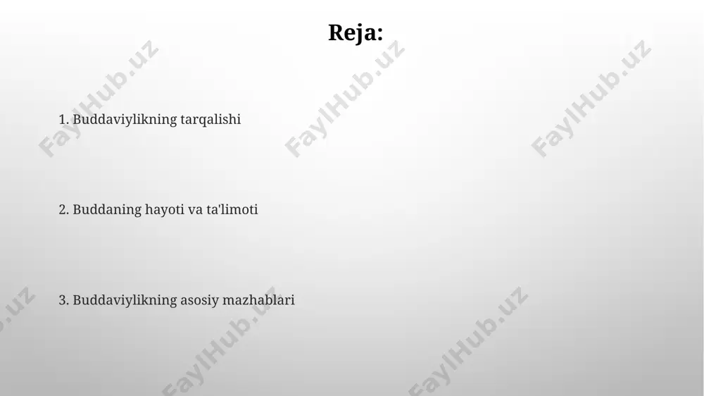 mperiyasi davrida, shoh ashoka hukmronligi ostida keng tarqalgan bo'lib, u 84 000 ta stupa va boshqa diniy inshootlar qurdirgan. sangha: monaxlar jamoasi sangha, faqat rohiblardan iborat bo'lmagan, balki uyda yashovchi, layik a'zolari (upasaka va upasika) ham bo'lgan, ular diniy ta'limotga ergashish orqali sangha bilan bog'lanishgan. sangha a'zolari, vinaya sutrada belgilab qo'yilgan 227 ta asosiy qoidalarga (patimoka) amal qilib, jamoaviy hayot tarzini olib borishgan. dhamma'ning asosiy ta'limotlari samsara tsiklining uzilishi nirvanaga erishish orqali amalga oshiriladi, bu esa 3 ta xususiyatni o'z ichiga oladi: tinchlik, ozodlik va cheksizlik. dhamma o'zida 4 asl haqiqat (ariya-sacca)ni o'z ichiga oladi: dukkha (azob), samudaya (uning kelib chiqishi), nirodha (uning yo'qolishi) va magga (unga erishish yo'li). buddaviylik va zamonaviy dunyo buddaviylikning qadriyatlari, masalan, non-zo'ravonlik va hamdardlik, zamonaviy muammolarni, jumladan, iqlim o'zgarishlari va ijtimoiy adolatsizlikni hal qilishda muhim rol o'ynashi mumkin. mindfulness amaliyoti kabi buddist tamoyillari stressni kamaytirish, ruhiy sog'lomlikni yaxshilash va 21-asrning tezkor hayot tarziga moslashishda samarali …