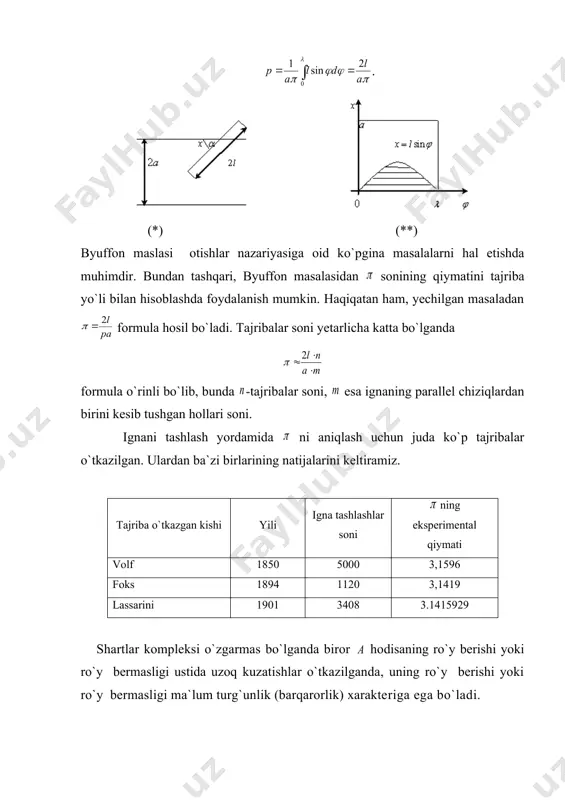 n. bizning eramizdan 2238 yil bu​run qadimiy xitoyda o`gil bola tugilishlar sonining jami tugilgan bolalar soniga nisbati deyarli ga teng deb hisoblangan. laplas londonda, peterburgda va butun fransiyada yig`ilgan juda ko`p statistik materiallarga tayanib, tug`ilgan o`g`il bolalar sonining jami tug`ilgan bolalar soniga nisbati taxminan ga tengligini ko`rsatdi. bu sonning bir necha o`n yillar mobaynida o`zgarmay qolishini statistik ma`lumotlar tasdiqladi. tajribalar soni oshirib borilsa, ma`lum bir qonuniyatni payqash mumkin. tangani n marta tashladik deb faraz qilaylik va „gerb" tushishlar sonini deb belgilaylik. agar absissa o`qida o`tkazilgan tajribalar sonini, ordinata o`qida esa nisbatni belgilab borsak. n ning ortib borishi bilan (n, ) nuqtalarni tutashtiruvchi siniq chiziq chiziqqa yaqinlashadi. bu holni tekshirish maqsadida byuffon tangani 4040 marta tashladi, shulardan 2048 marta gerb tushdi, gerb tushishi chastotasi . pirson tangani oldin 12000 marta tashlagan, 6019 marta gerb tushdanda, gerb tushishlar ehtimoli , so`ngra 24000 marta tashlaganda, shulardan 12012 tasida gerb tushdi, . bu hol …