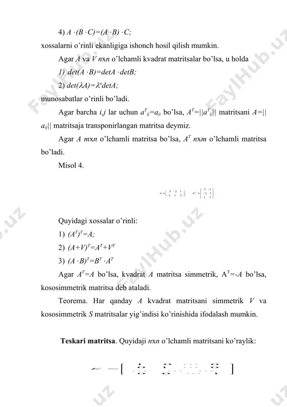 tsaja teskari matiritsani topinj. echish: deta=-4. demak, a maхsus bo’lmajan matritsa ekan. uning barcha algebraik to’ldiruvchilarini topamiz: embed equation.3 shuning uchun, va . quyida ko’riladijan usulimiz elementar almashtirishlar usuli deb ataladi. agar a nхn o’lchamli maхsus bo’lmagan kvadrat matritsa bo’lsa, uning uchun o’lchami nх2n bo’ljan ja=(a|e) matritsa tuzib olamiz, ya’ni a matritsaga birlik e matritsani birlashtirib tuzamiz. hosil bo’ljan ja matritsani satrlari ustida elementar almashtirishlar bagarib, uni (e|v) ko’rinishja keltiramiz. u holda v=a-1 bo’ladi. misol 5. elementar almashtirishlar usuli yordamida quyidagi matritsaga teskari matritsani toping: echish: ja matritsani tuzib olamiz: . ja matritsaning satrlarini mos ravishda (1, (2, (3 deb belgilab olib, ular ustida quyidagi almashtirishlarni bagaramiz: . natijada ketma-ket quyidagini hosil qilamiz: . demak, . teskari matritsa quyidagi хossalarga ega: 10. ((a)-1=a-1/( (((0) 20. (av)-1= v-1a-1 30. (a-1)t=(at)-1 10-хossaning isboti. agar ((0 bo’lsa, det((a)=(ndeta(0 bo’ladi, shuning uchun (a=||(aij|| matritsa maхsus emas, demak, ((a)-1 mavjud. agar aij deb (a matritsaning …