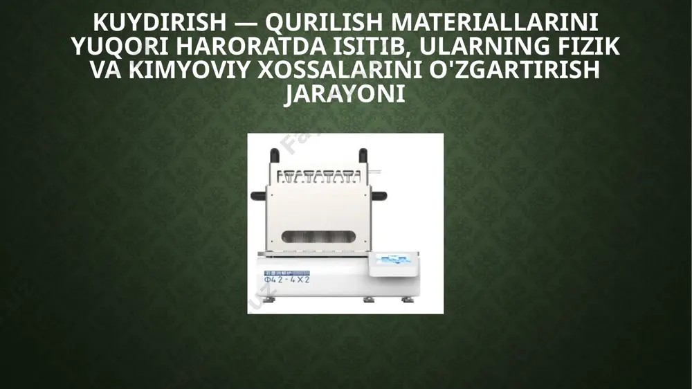 o'lgan kamchiliklari: energiya sarfi atrof-muhitga ta'siri jarayonning murakkabligi kuydirish jarayonida ekologik xavfsizlikni ta'minlash: gazlarni tozalash tizimlari energiya samaradorligini oshirish atrof-muhitni himoya qilish choralari kuydirish jarayonining qurilishda o'rni va uning takomillashtirish yo'llari: zamonaviy texnologiyalarni joriy etish energiya samaradorligini oshirish ekologik xavfsizlikni ta'minlash image2.png image3.jpeg image4.jpeg image5.jpeg image6.jpeg image7.jpeg image8.jpeg /docprops/thumbnail.jpeg