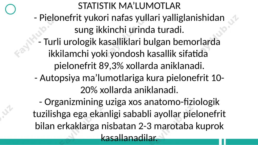 omaliya, kista va boshkalar). • asoratlanmagan: • buyrak ulchamlarining kattalashishi. • parenxima kalinligining oshishi. • parenxima exogenligining kamayishi. • buyrakning nafas olishdagi ekskursiyasining chegaralanishi. • kosa-jom tizimi kengay shunday kilib, radionuklid skannerlash: • buyrak parenximasida yallig'lanishning erta davrlarida aniqlash imkonini beruvchi usuldir. • buyrak funksional xolati xaqida 50-85% ishonchli informatsiya beruvchi usuldir. • «birinchi tartibdagi» tanlangan usullardan biridir. pielonefritning rentgenologik belgilari. • umumiy urogramma: • m.psoas konturining noaniqligi yoki ko'rinmasligi. • buyrak proeksiyasida diffuz qorong'ulashishning borligi. • buyrak atrofida “siyraklashuv xalqasining mavjudligi. • shikastlanish tomonida skolioz. • ekskretor urogramma: • kontrast modda ajralishining kechikishi. • kosacha-jom sistemasining noaniq ko'rinadi. ekskretor urografiya – ushbu usul siydik yo'llari infeksiyasi diagnostikasida kullanilishi disskusiya qilinmoqda. asosiy kamchiligi – kontrast moddaning nojo'ya ta’sirlari va nurlanish xavfi borligi. • siydik yo'llari kompyuterli tomografiyasining – qo'llanilishi cheklangan. differensial tashxislash • o'tkir pankreatit. • pastki lobar pnevmoniya. • qorin bo'shligi a’zolari o'tkir kasalliklari (o'tkir appenditsit, xoletsistit, divertikulit). • …