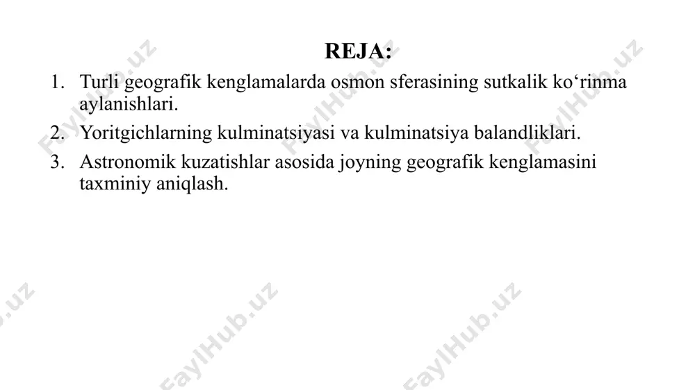 ubiy yarim sharidagi barcha yoritgichlarning gorizontni ustida va ostida bo‘lish vaqtlari o‘zaro teng bo‘ladi. ularning meridiandagi balandliklari h =90o –  ga teng bo‘ladi. ekvatordagi kuzatuvchi uchun barcha yoritgichlar chiqadi va botadi. agar yoritgich ekvator bo‘ylab sutkalik ko‘rinma harakat qilsa, u zenit orqali o‘tadi. 2-hol. =900, ya’ni kuzatuvchi yer qutblarida bo‘lsin. agar kuzatuvchi shimoliy qutbda bo‘lsa, olam shimoliy qutbining balandligi hp = 900, ya’ni zenit bilan ustma-ust tushadi, u holda olam o‘qi vertikal o‘q bilan, olam ekvatori esa matematik gorizont bilan ustma-ust tushadi. bunda osmonning shimoliy yarim sharidagi barcha yulduzlar matematik gorizontga parallel aylanadi va botmaydi. ularning aylanishi balandliklari yil davomida o‘zgarmas bo‘lib, shu yoritgichlarning og‘ish burchaklariga teng bo‘ladi, yani h=δ . bunda kuzatuvchi shimoliy qutbda tursa barcha tarafi janub nuqtasi bo’ladi. janubiy qutbda tursa aksincha. 3-hol. 0o<  <90o, ya’ni kuzatuvchi ekvatordan va qutbdan boshqa o‘rta geografik kenglamalarga tegishli nuqtalarda bo‘lsin. bu joylarda sutkalik parallel aylanalari matematik gorizont bilan …